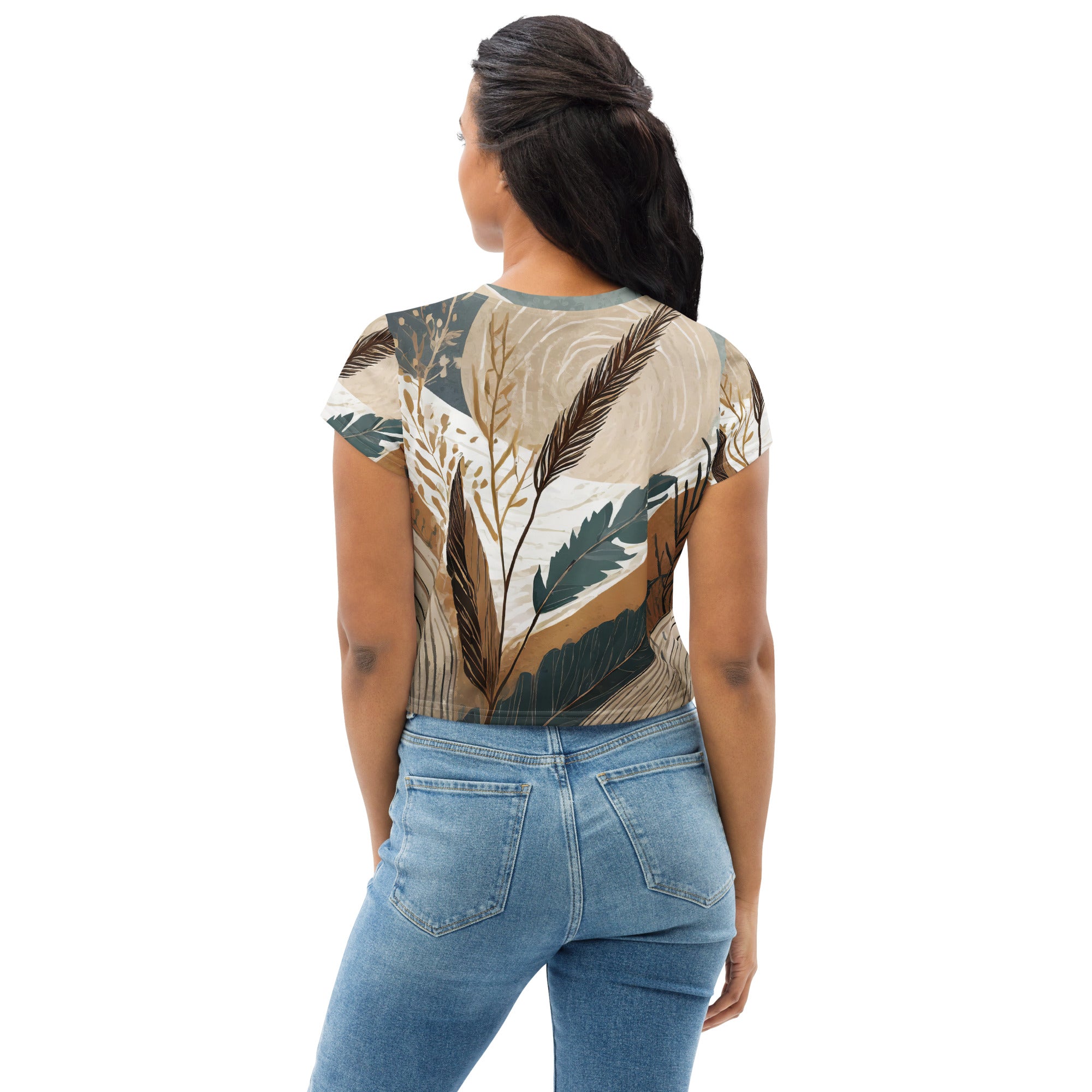 Womens Stretch Fit Crop Tee featuring a vibrant boho style print, showcasing its cropped silhouette and soft fabric.