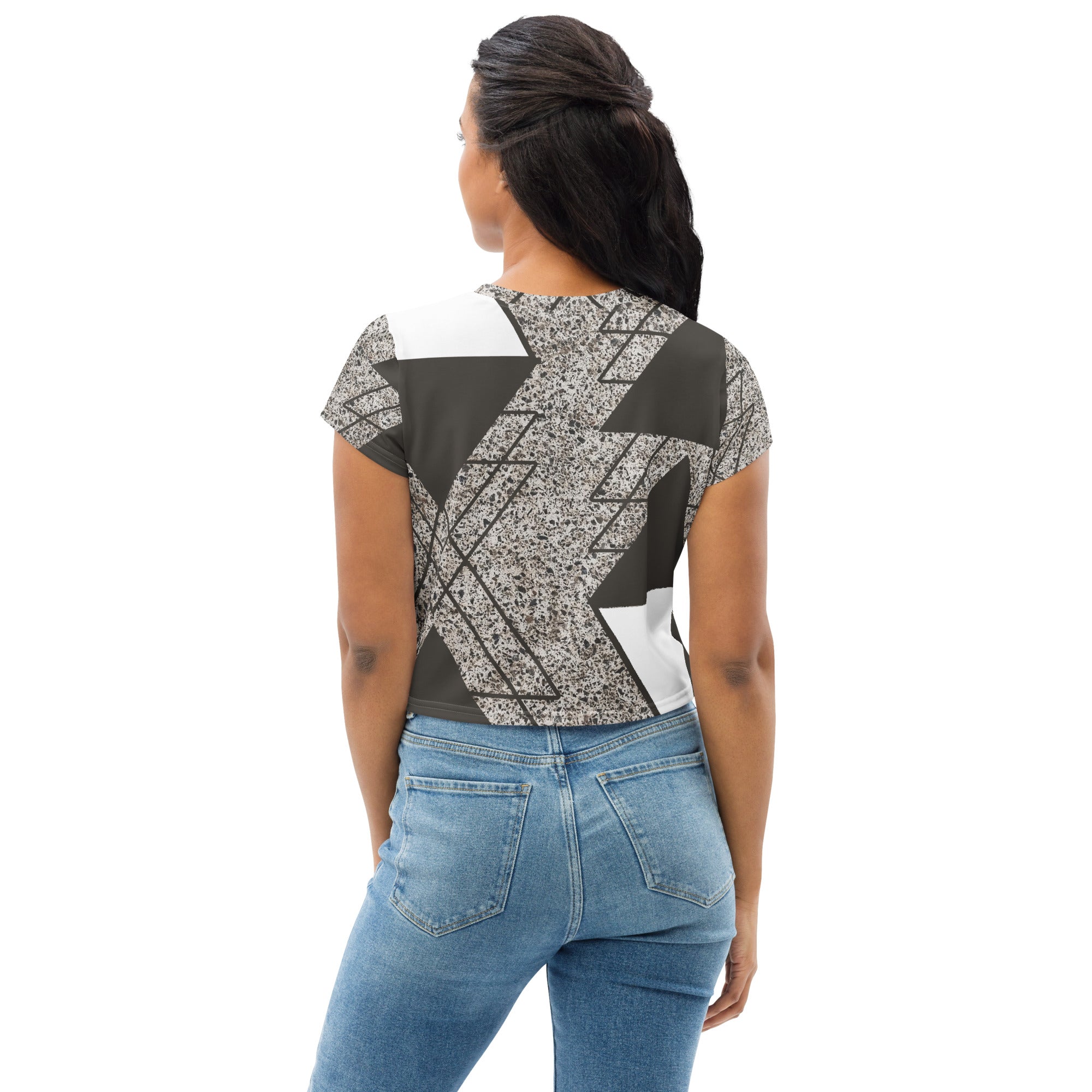 Women's Stretch Fit Crop Tee in Brown and White Triangular colorblock, showcasing its stylish design and comfortable fit.
