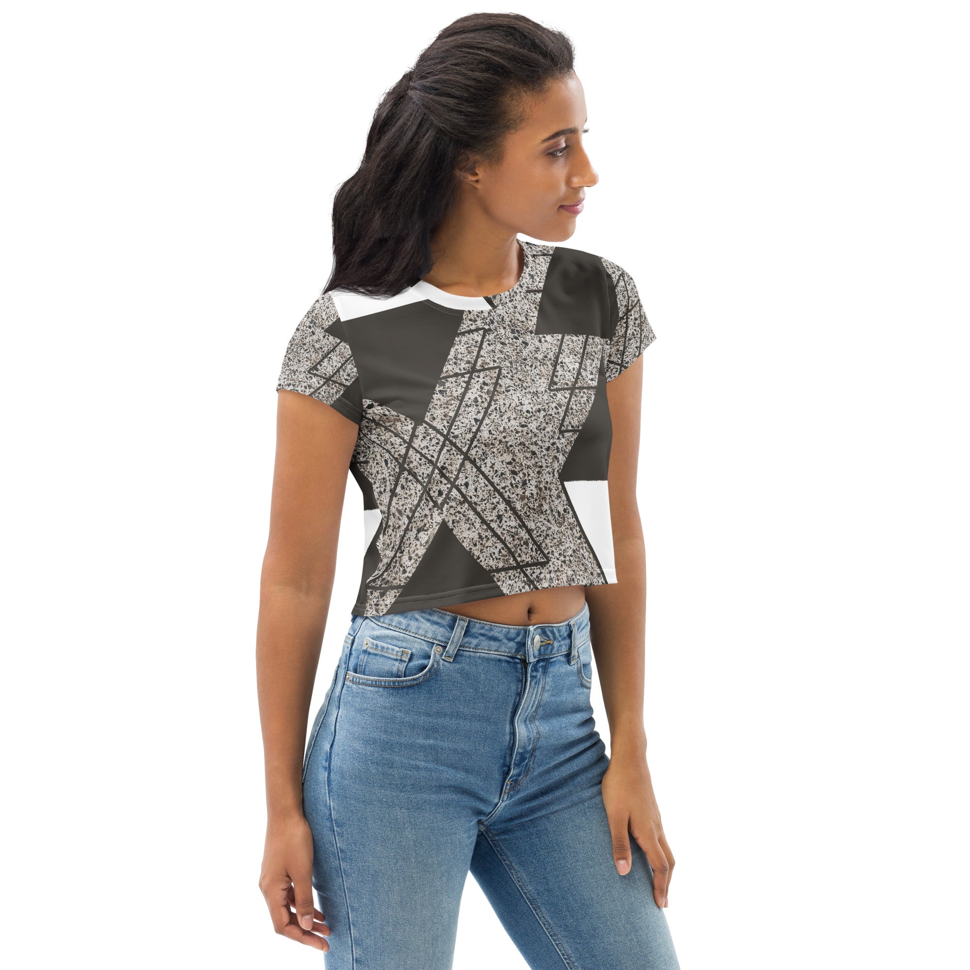 Women's Stretch Fit Crop Tee in Brown and White Triangular colorblock, showcasing its stylish design and comfortable fit.