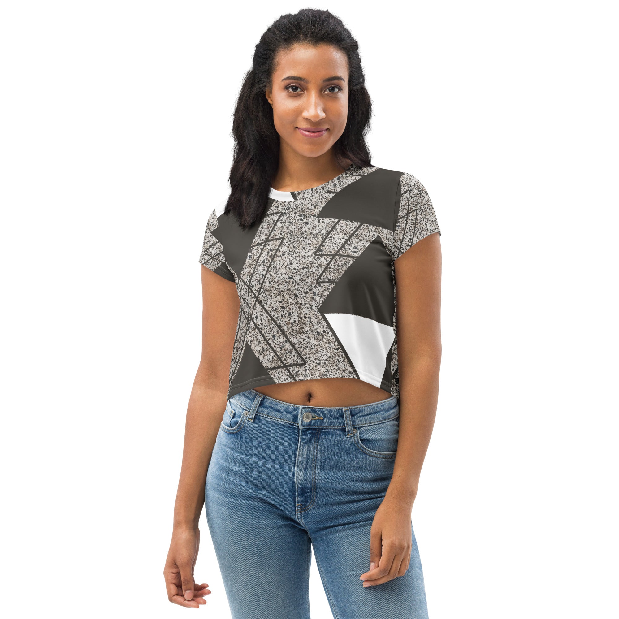 Women's Stretch Fit Crop Tee in Brown and White Triangular colorblock, showcasing its stylish design and comfortable fit.