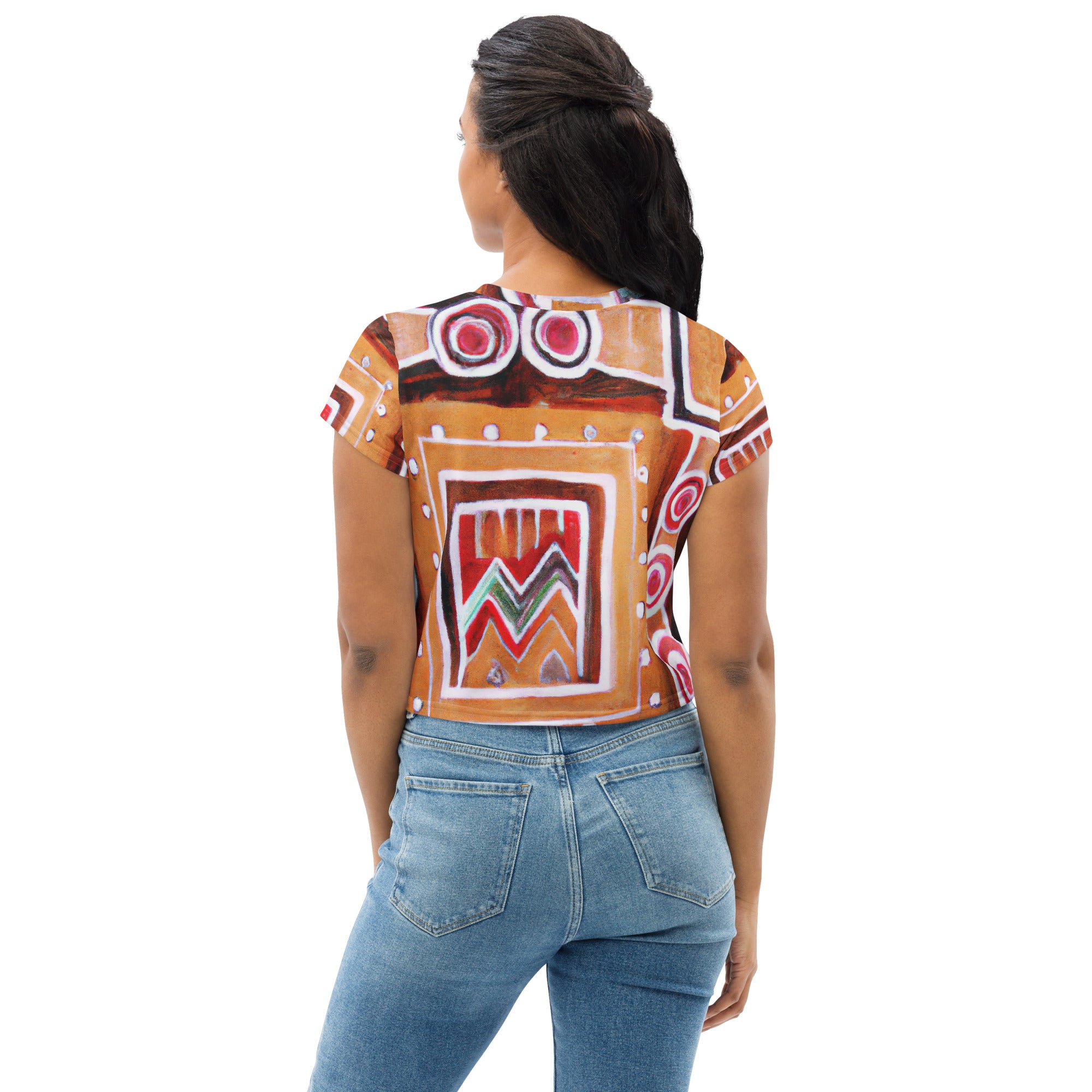 Women's Stretch Fit Crop Tee in Brown Orange Green Aztec Pattern, showcasing its stylish design and comfortable fit.