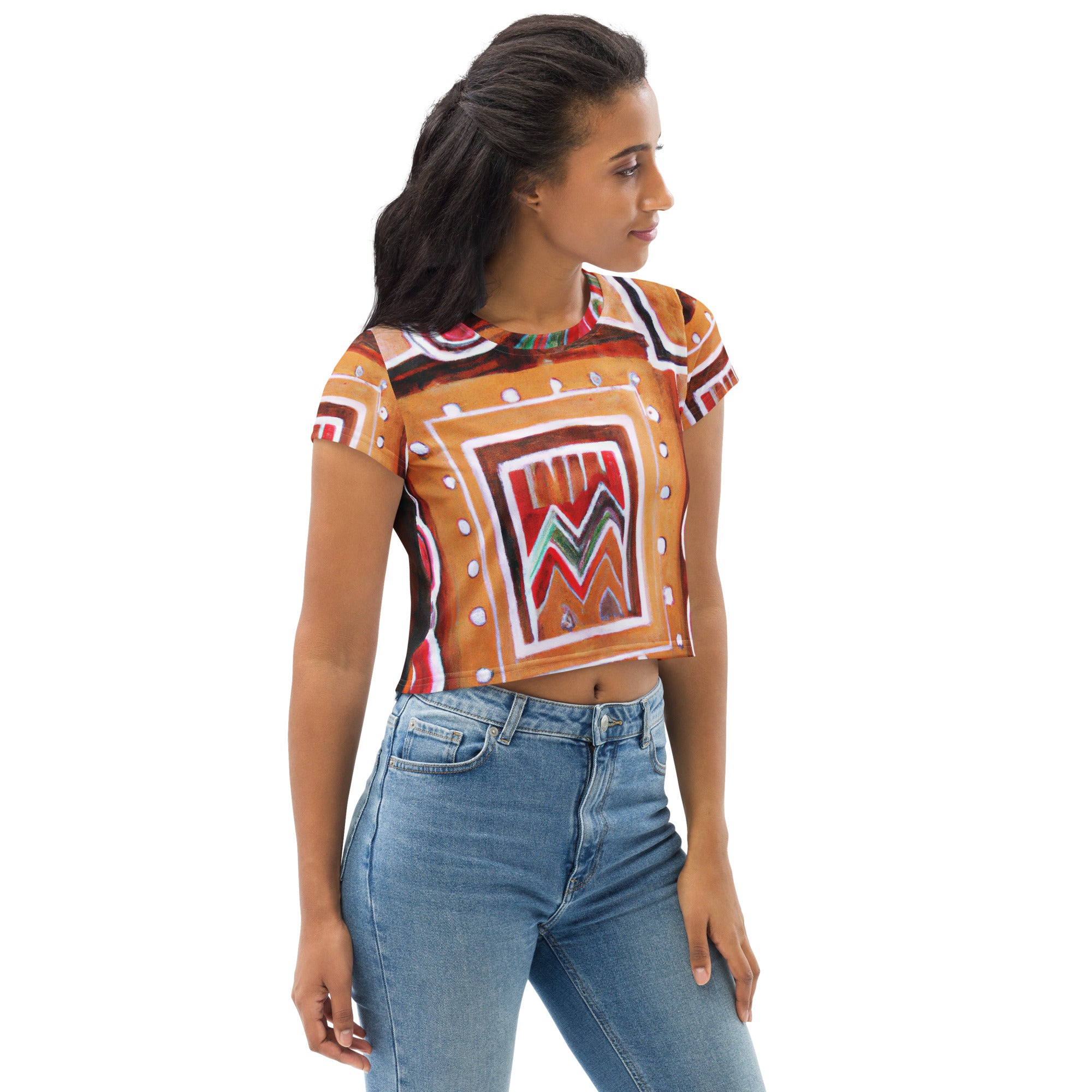 Women's Stretch Fit Crop Tee in Brown Orange Green Aztec Pattern, showcasing its stylish design and comfortable fit.