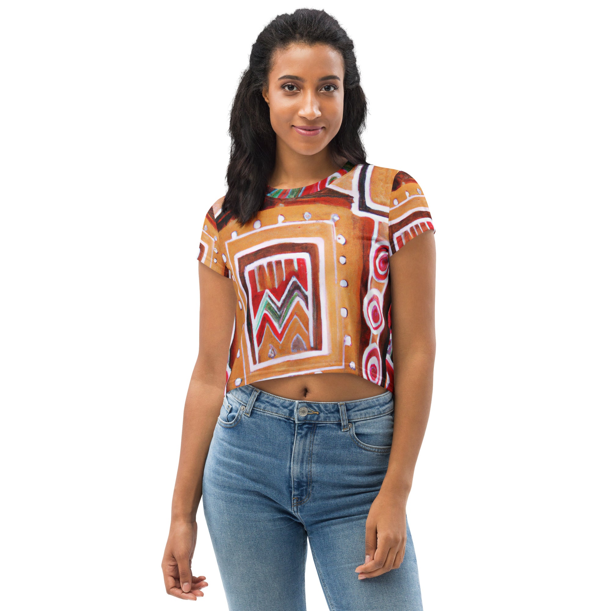 Women's Stretch Fit Crop Tee in Brown Orange Green Aztec Pattern, showcasing its stylish design and comfortable fit.