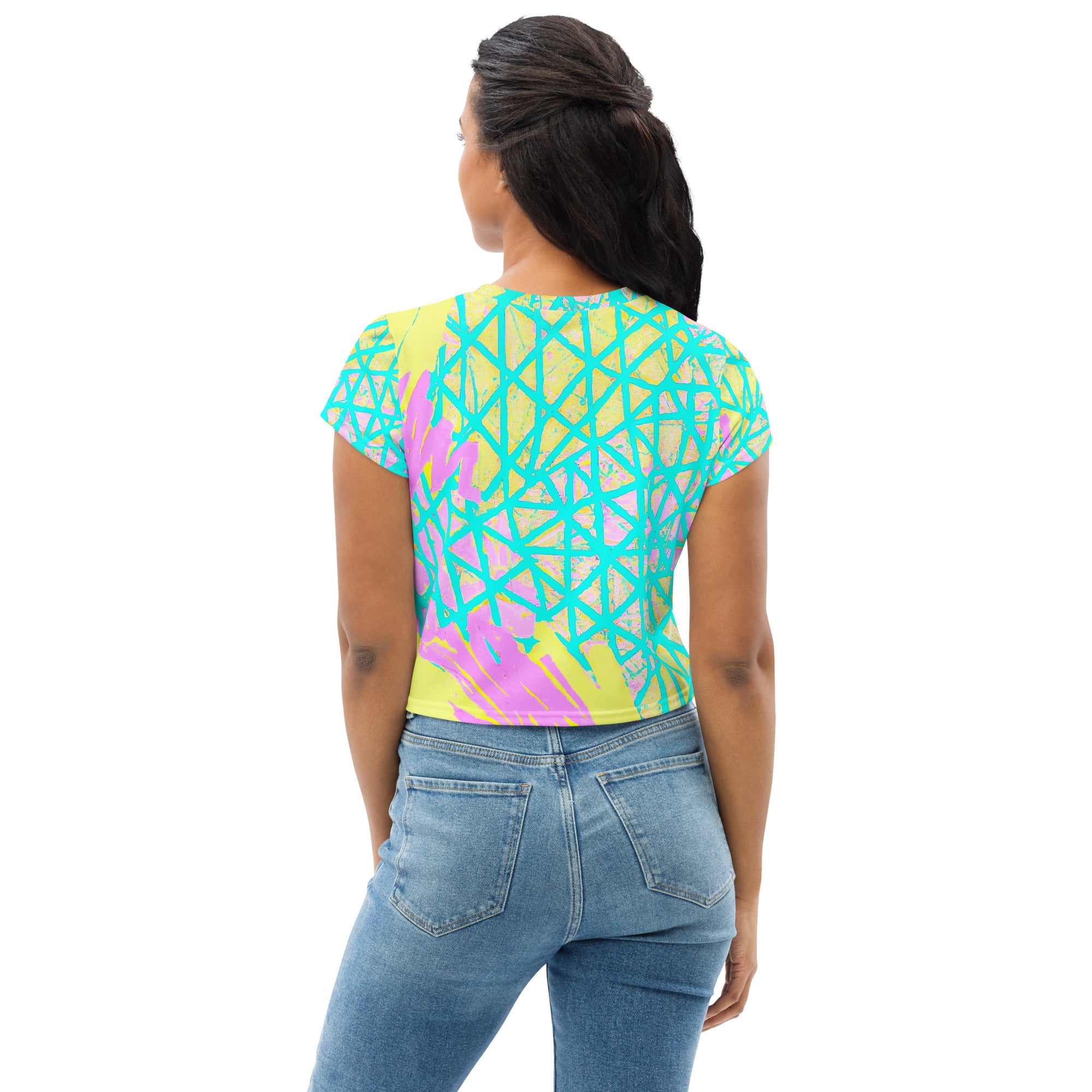 Women's Stretch Fit Crop Tee in Cyan Blue, Lime Green, and Pink, showcasing its trendy cropped design and soft fabric.