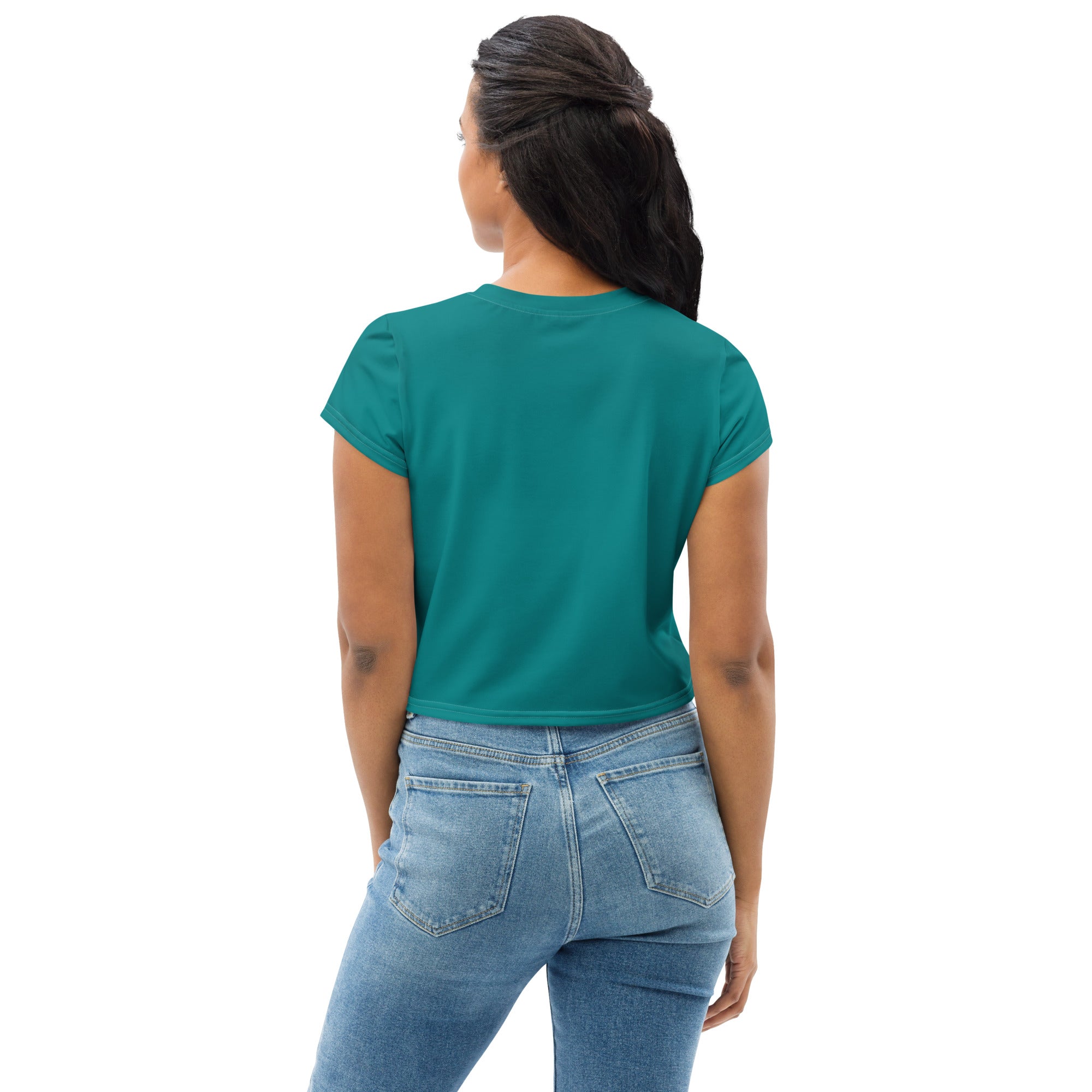 Womens Stretch Fit Crop Tee in Dark Teal Green, showcasing its cropped silhouette and soft fabric.