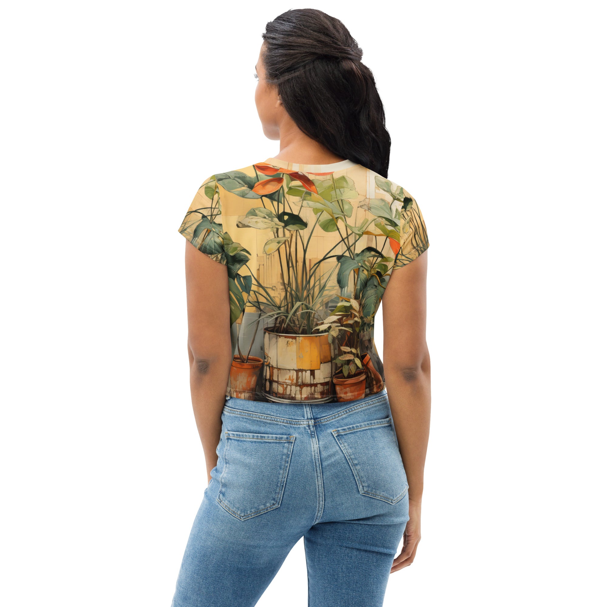 Womens Stretch Fit Crop Tee featuring an Earthy Rustic Potted Plants Print, showcasing a stylish and comfortable design.