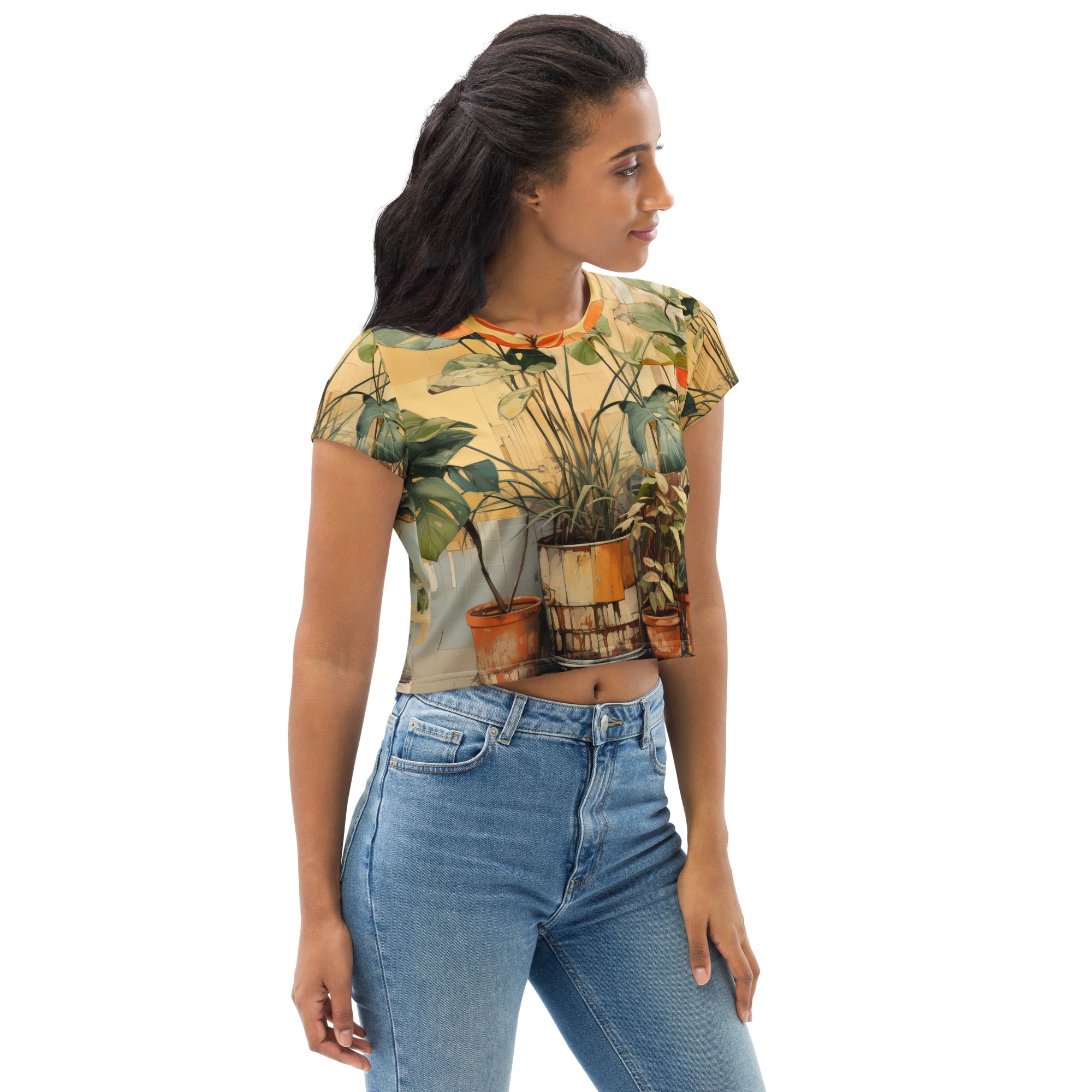 Womens Stretch Fit Crop Tee featuring an Earthy Rustic Potted Plants Print, showcasing a stylish and comfortable design.