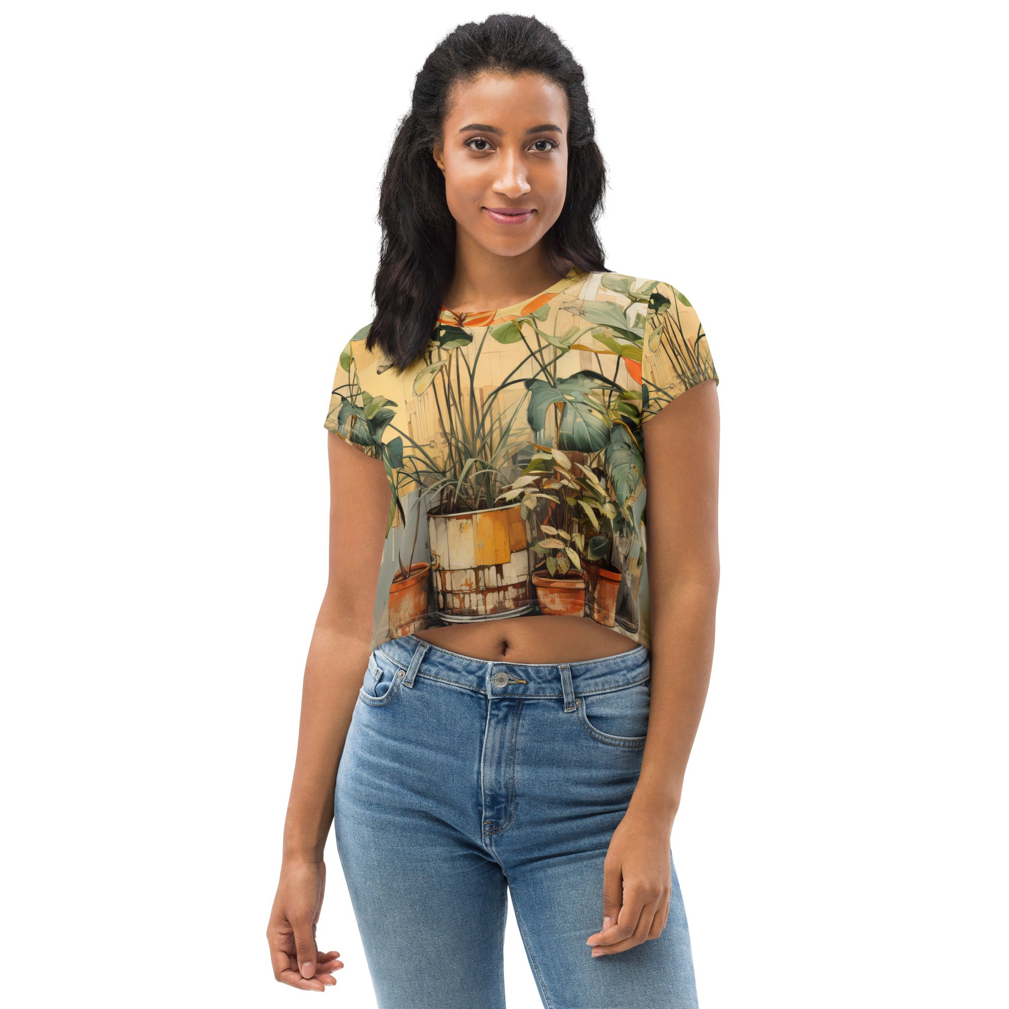 Womens Stretch Fit Crop Tee featuring an Earthy Rustic Potted Plants Print, showcasing a stylish and comfortable design.