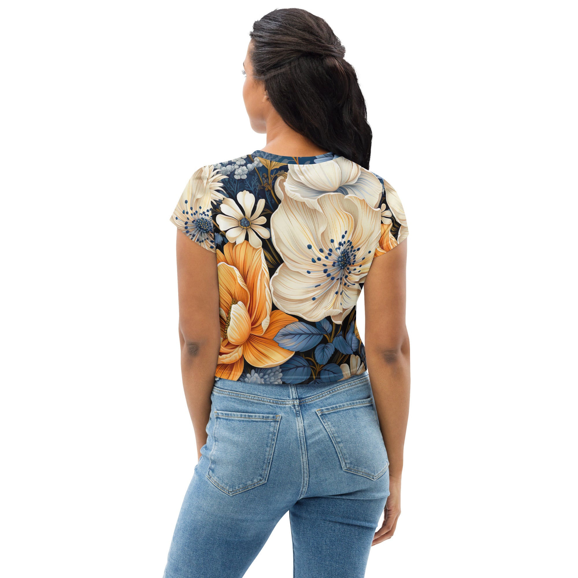 Women's Stretch Fit Crop Tee T-shirt featuring a floral blue print, showcasing a cropped silhouette and short sleeves.