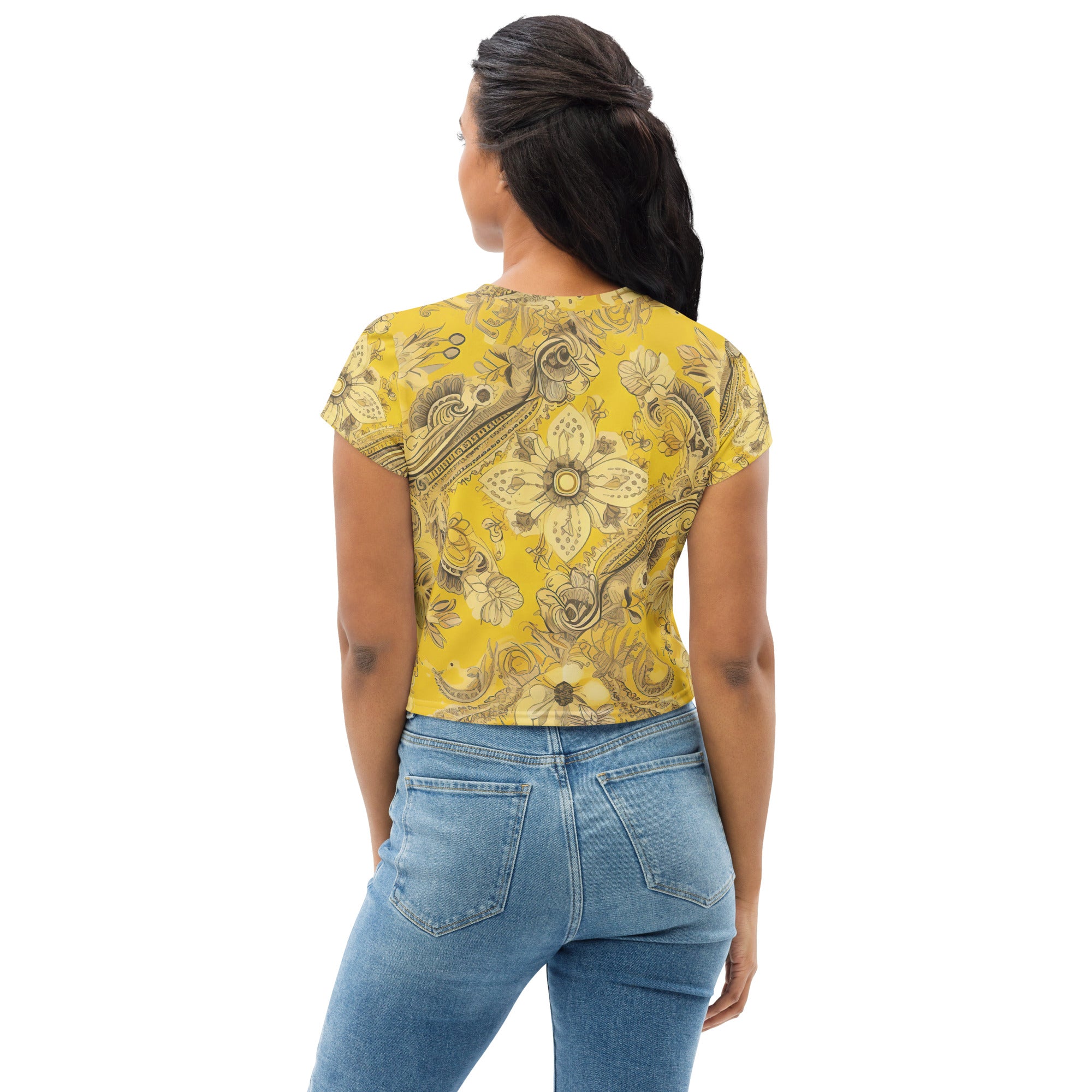 Women's Stretch Fit Crop Tee featuring a vibrant Floral Yellow Bandanna Print, showcasing a stylish cropped silhouette and short sleeves.