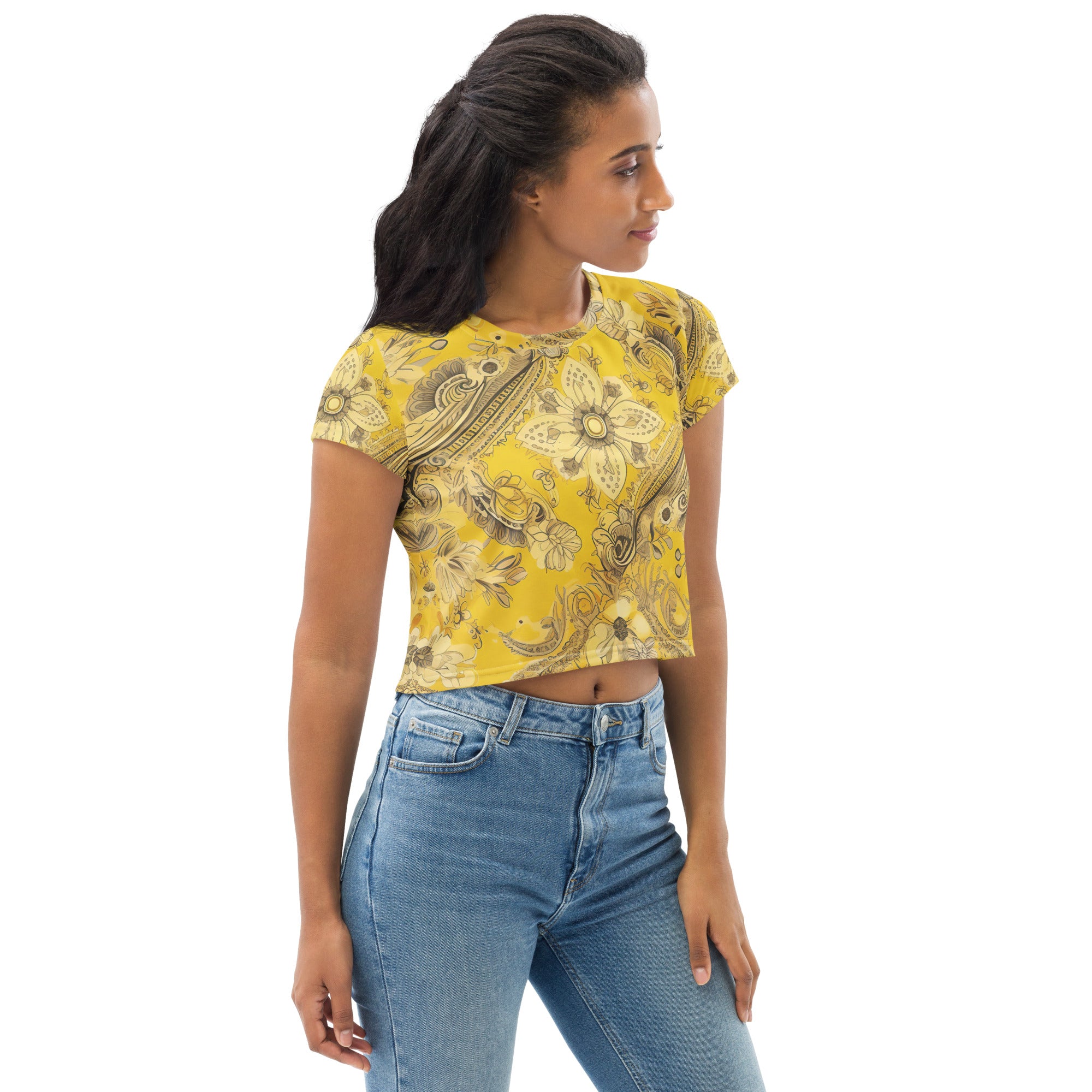 Women's Stretch Fit Crop Tee featuring a vibrant Floral Yellow Bandanna Print, showcasing a stylish cropped silhouette and short sleeves.