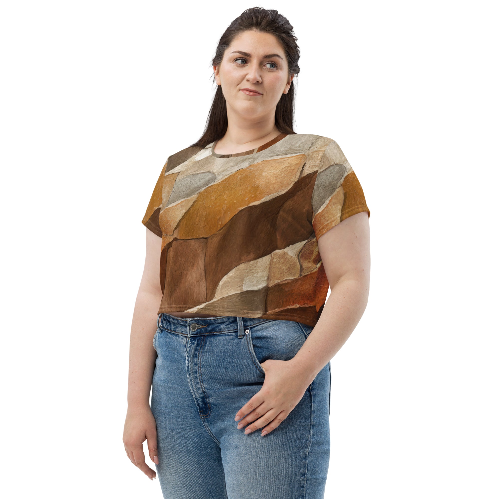 Womens Stretch Fit Crop Tee in Abstract Stone Print, showcasing a stylish cropped design with short sleeves and a crew neckline.