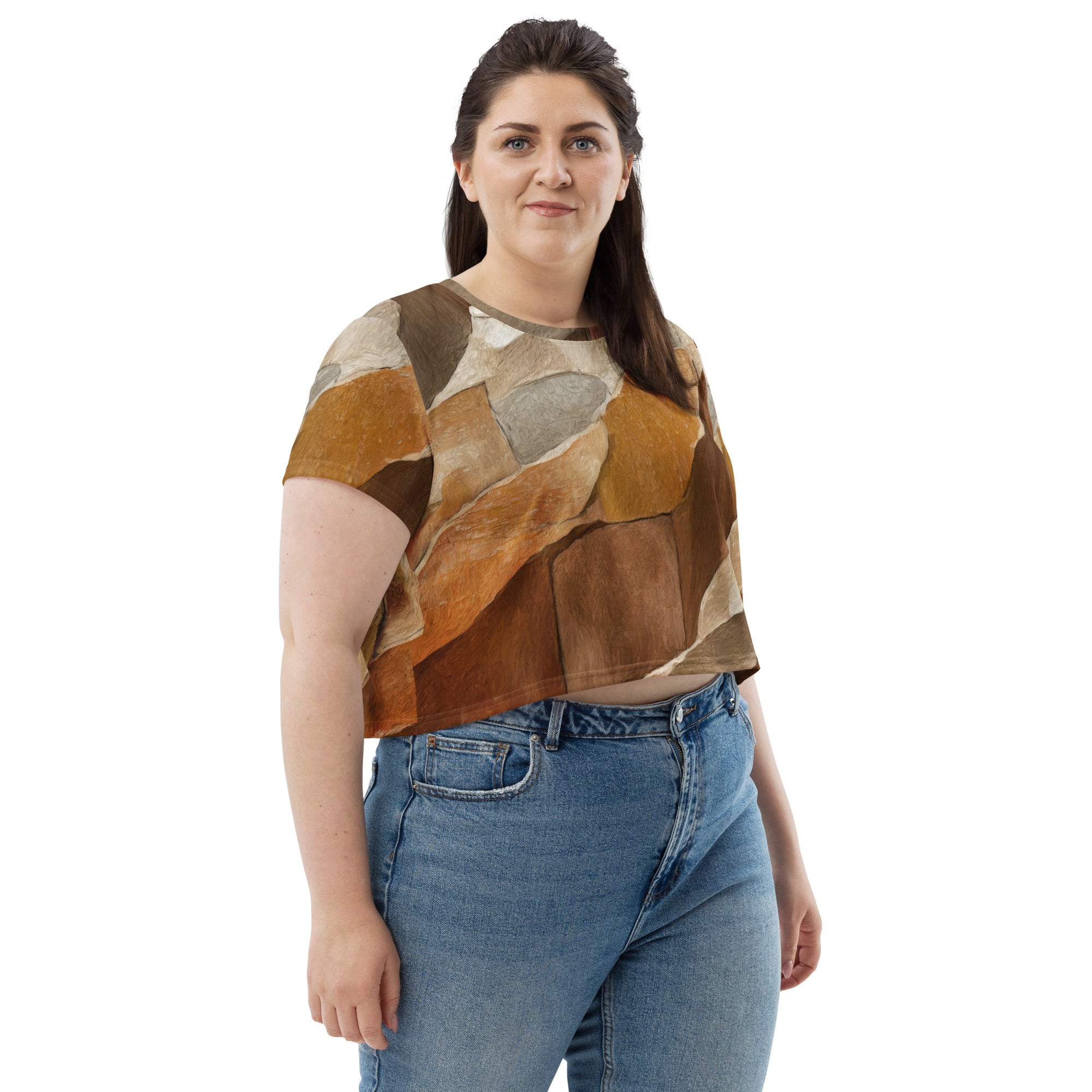 Womens Stretch Fit Crop Tee in Abstract Stone Print, showcasing a stylish cropped design with short sleeves and a crew neckline.