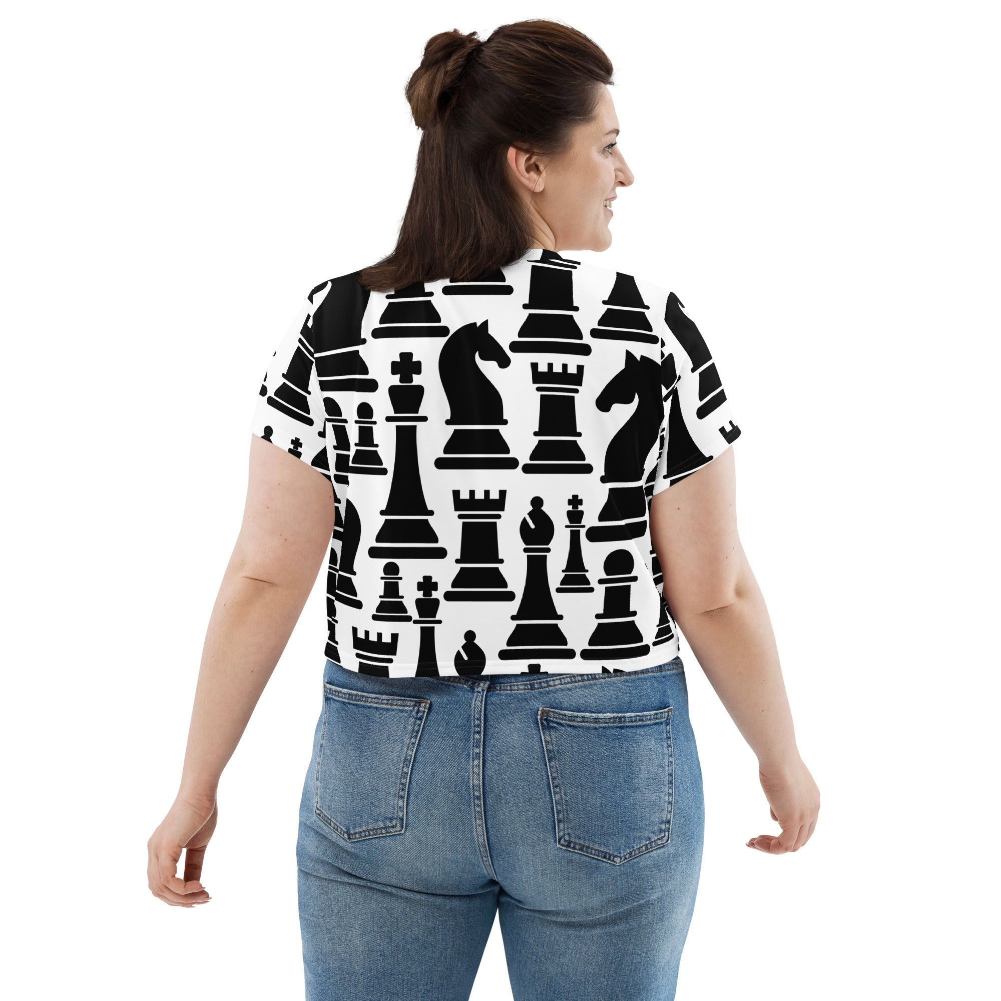 Women's Stretch Fit Crop Tee in Black and White Chess print, showcasing a stylish cropped design with short sleeves and a crew neckline.