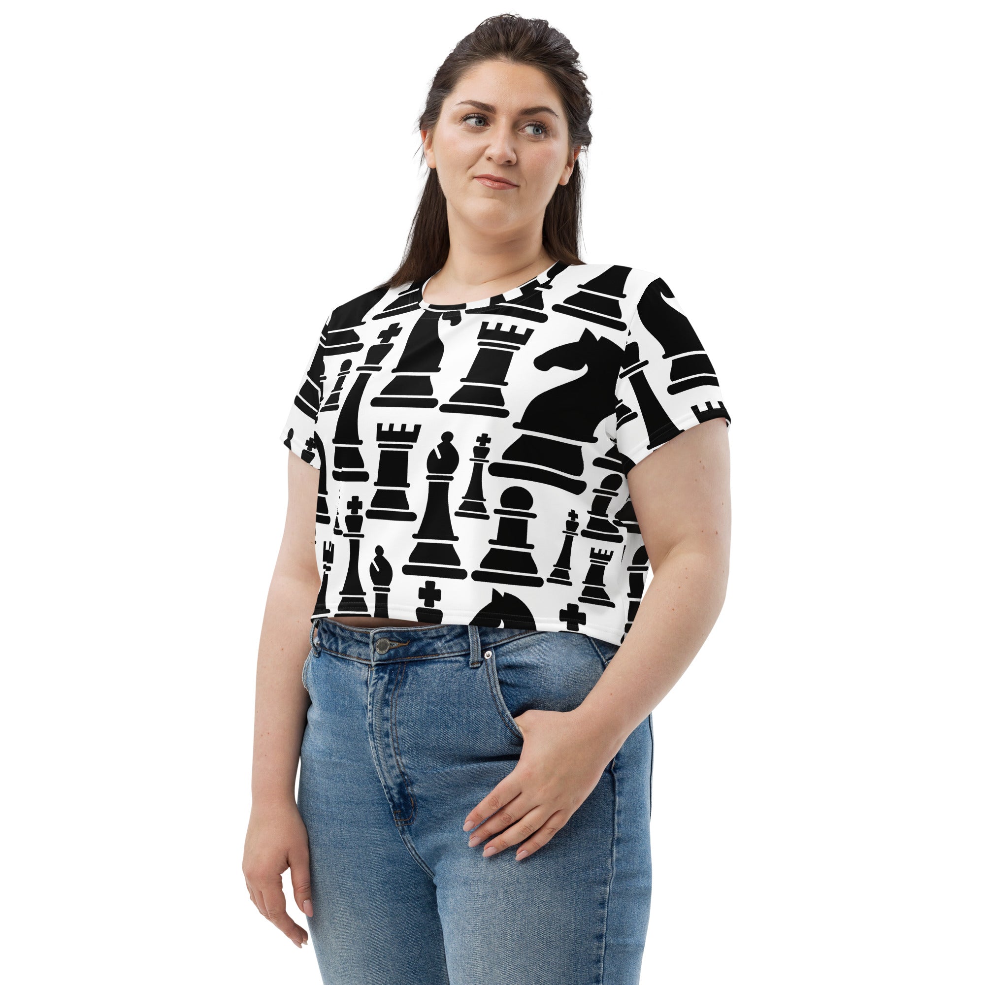Women's Stretch Fit Crop Tee in Black and White Chess print, showcasing a stylish cropped design with short sleeves and a crew neckline.