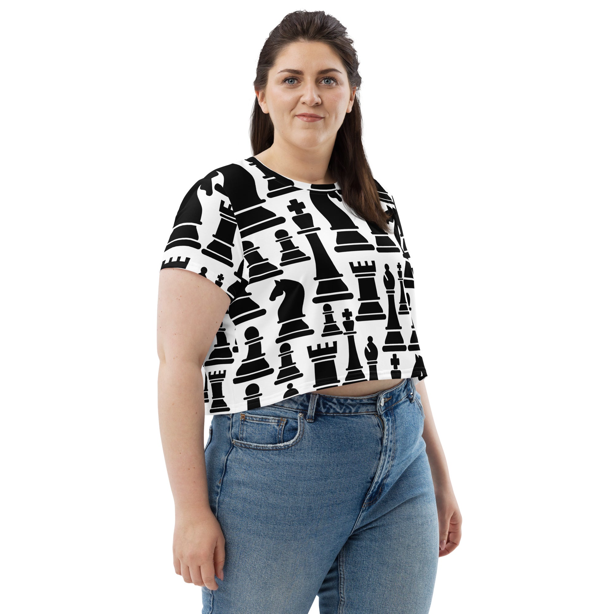 Women's Stretch Fit Crop Tee in Black and White Chess print, showcasing a stylish cropped design with short sleeves and a crew neckline.