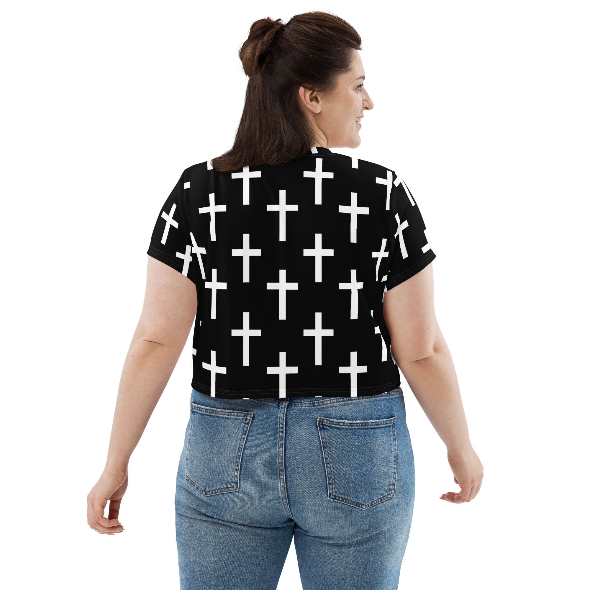 Women's Stretch Fit Crop Tee in black and white cross print, showcasing a stylish and comfortable design perfect for casual wear.