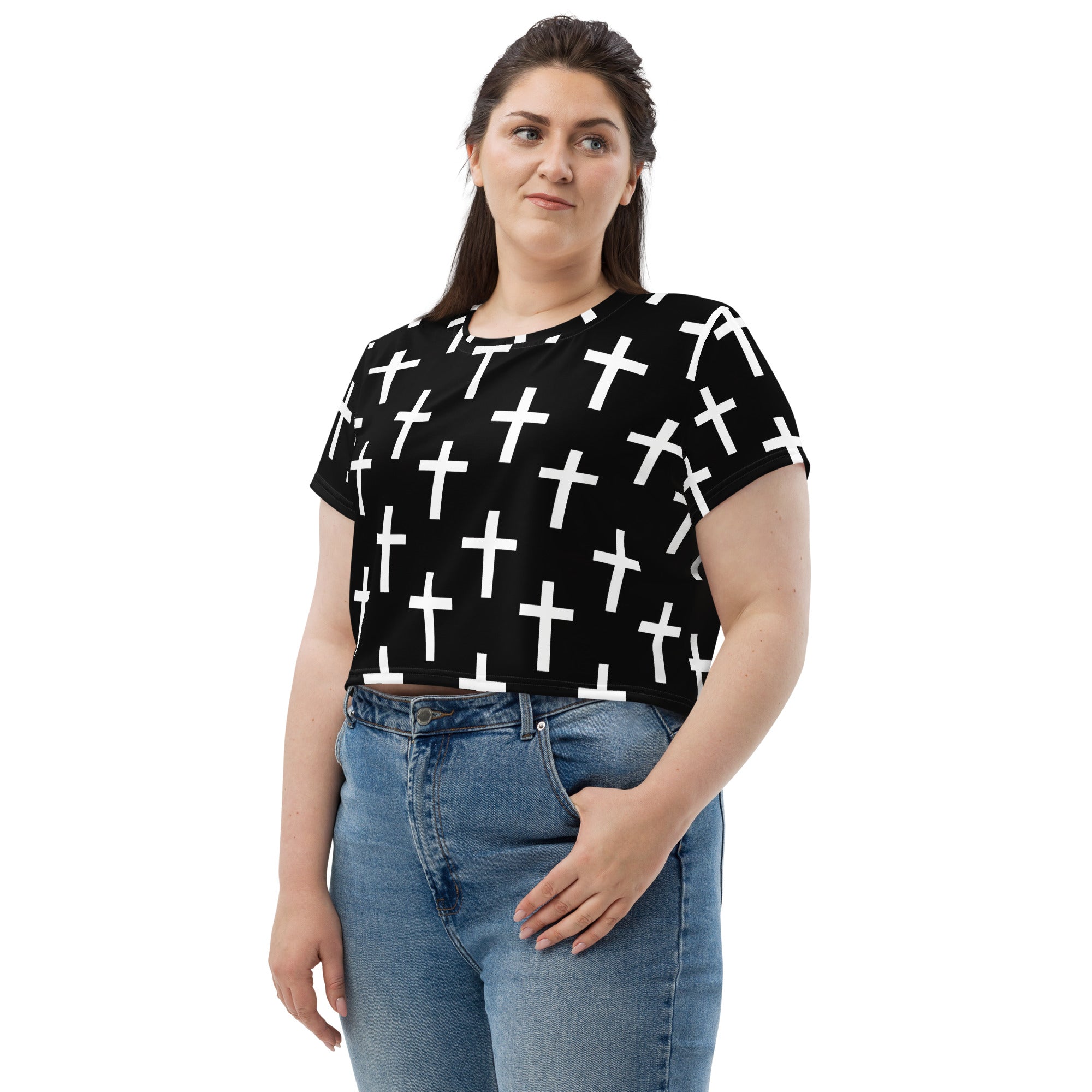 Women's Stretch Fit Crop Tee in black and white cross print, showcasing a stylish and comfortable design perfect for casual wear.