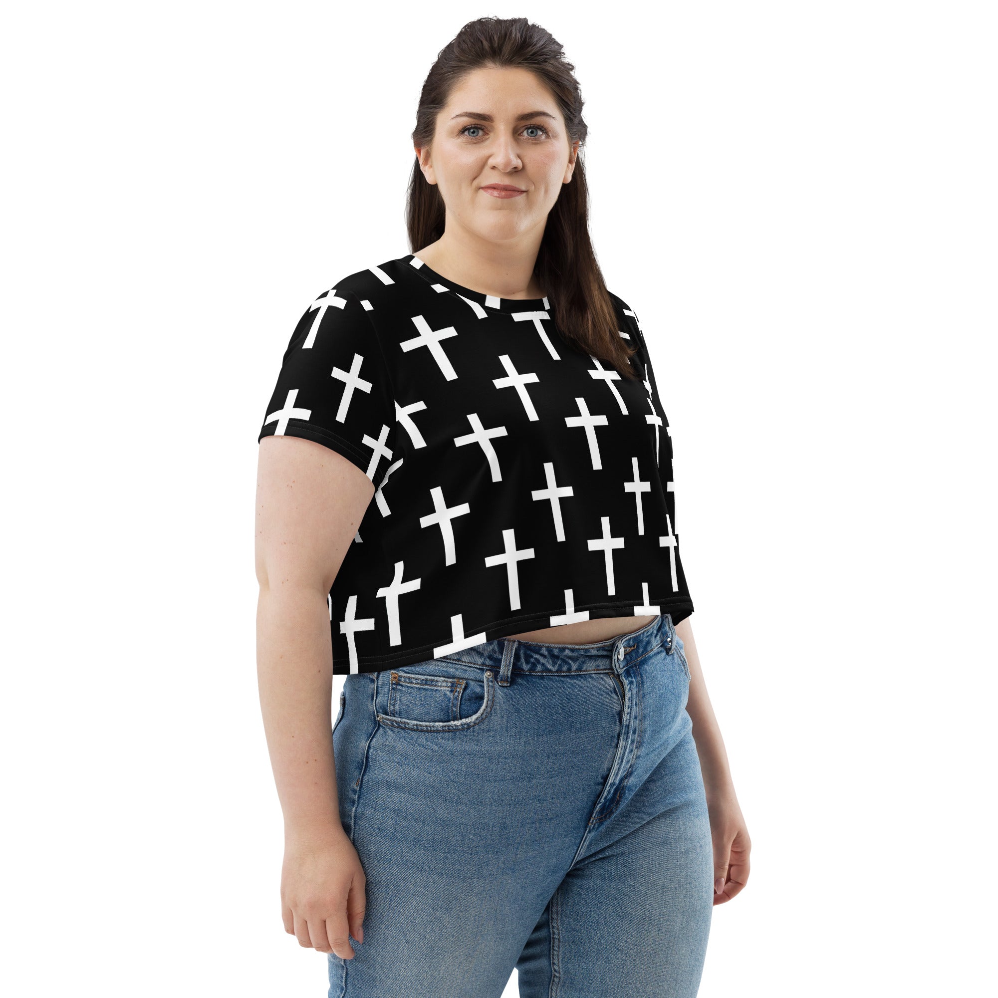 Women's Stretch Fit Crop Tee in black and white cross print, showcasing a stylish and comfortable design perfect for casual wear.
