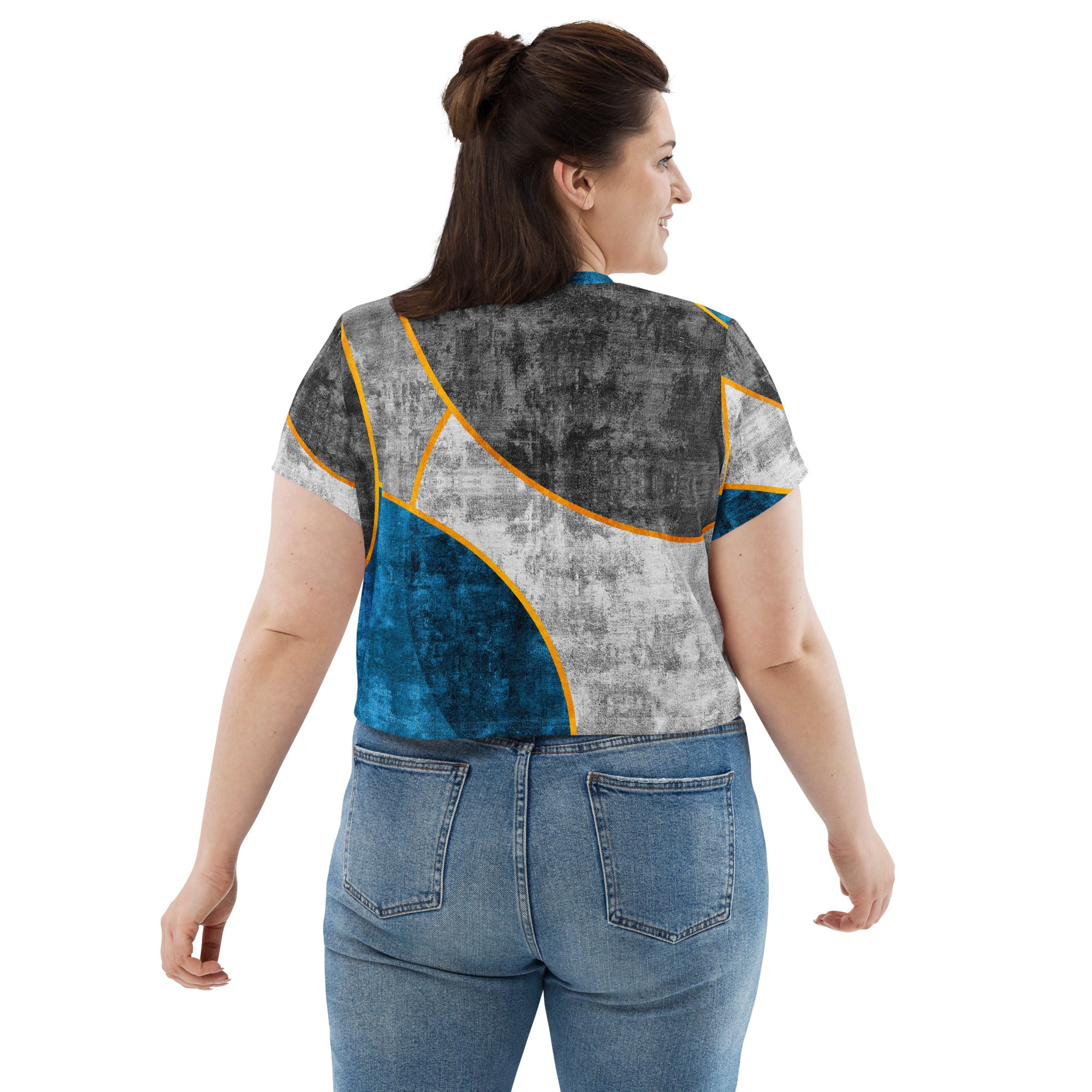 Women's Stretch Fit Crop Tee in Blue Grey, showcasing a stylish cropped design with short sleeves and a crew neckline.