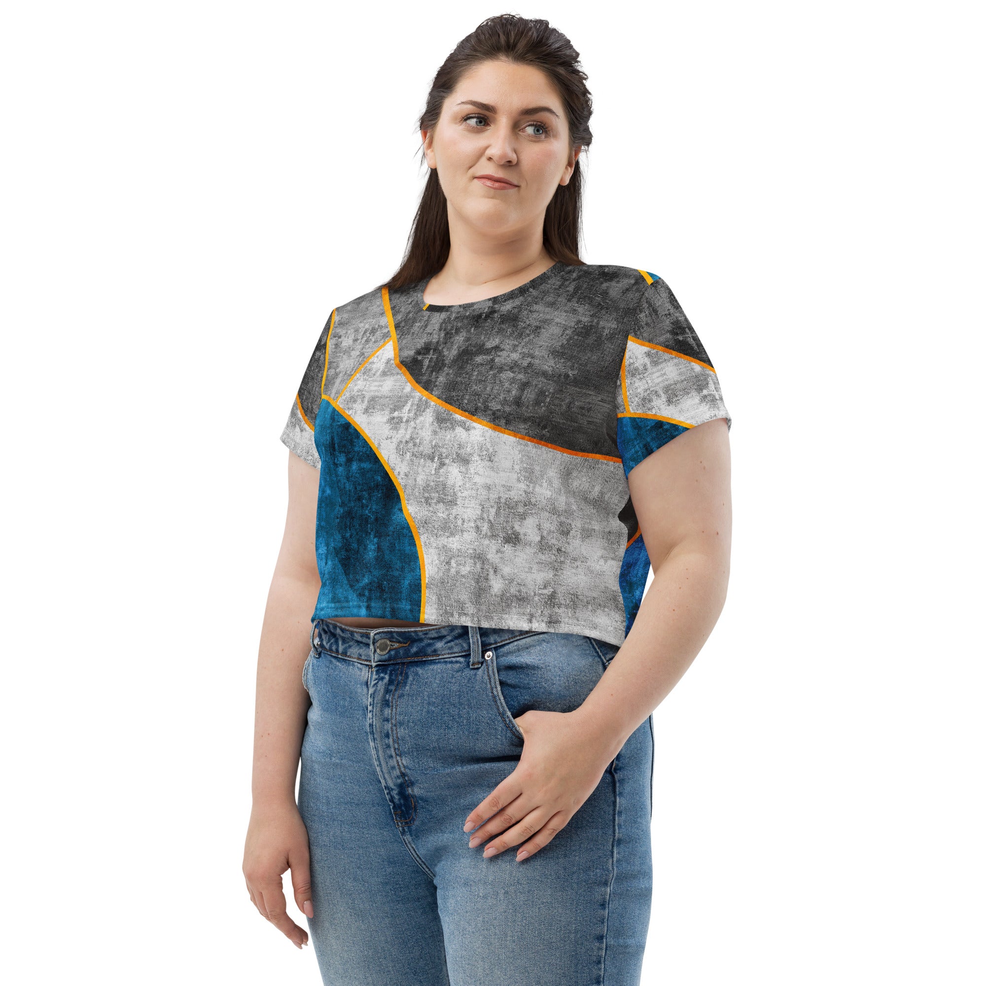 Women's Stretch Fit Crop Tee in Blue Grey, showcasing a stylish cropped design with short sleeves and a crew neckline.