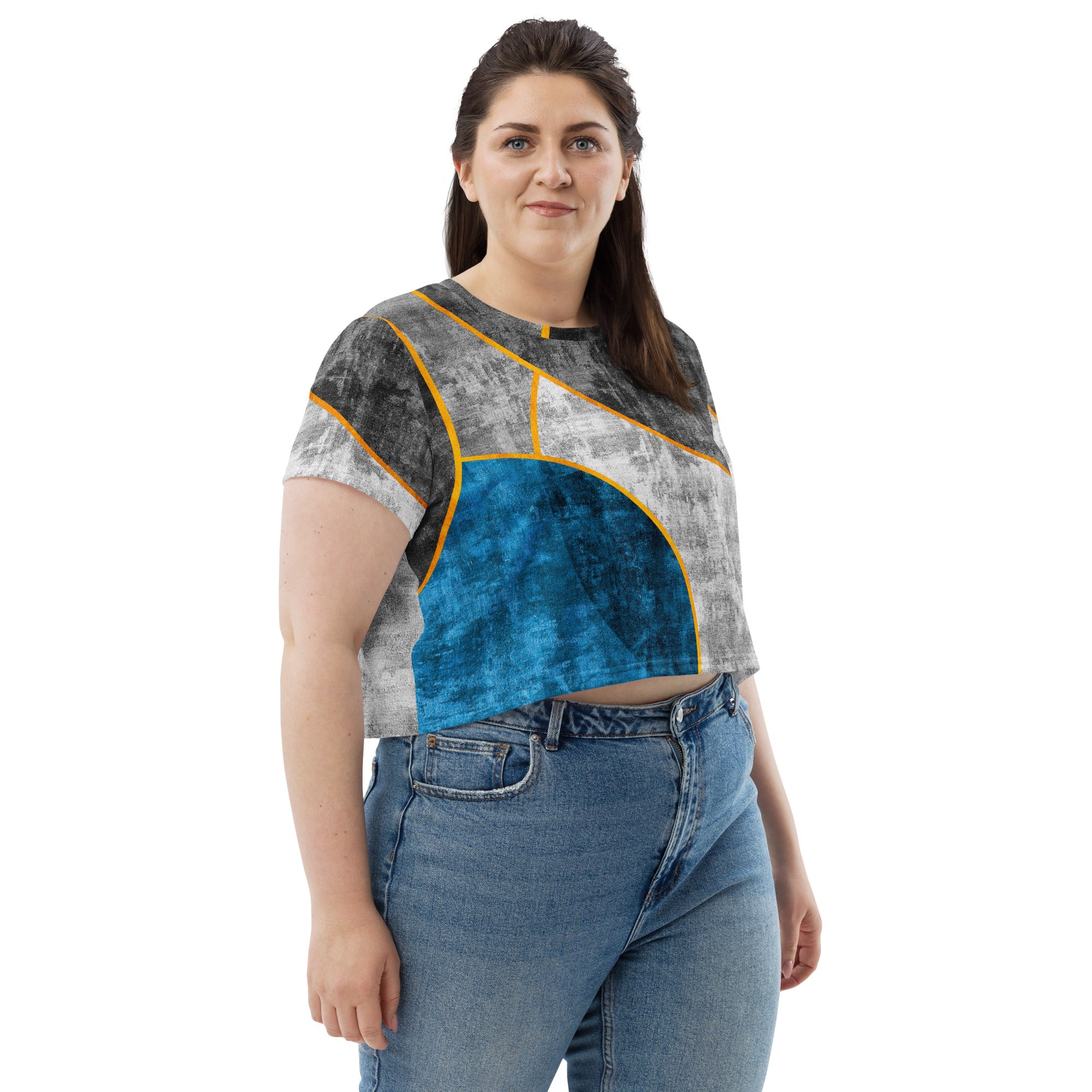 Women's Stretch Fit Crop Tee in Blue Grey, showcasing a stylish cropped design with short sleeves and a crew neckline.