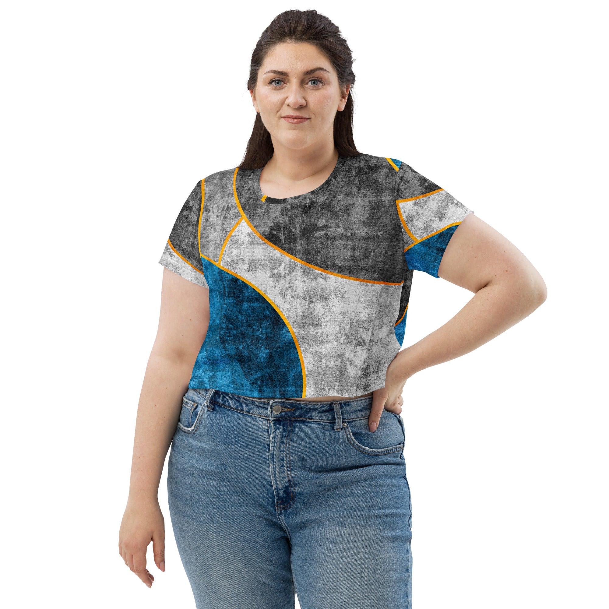 Women's Stretch Fit Crop Tee in Blue Grey, showcasing a stylish cropped design with short sleeves and a crew neckline.