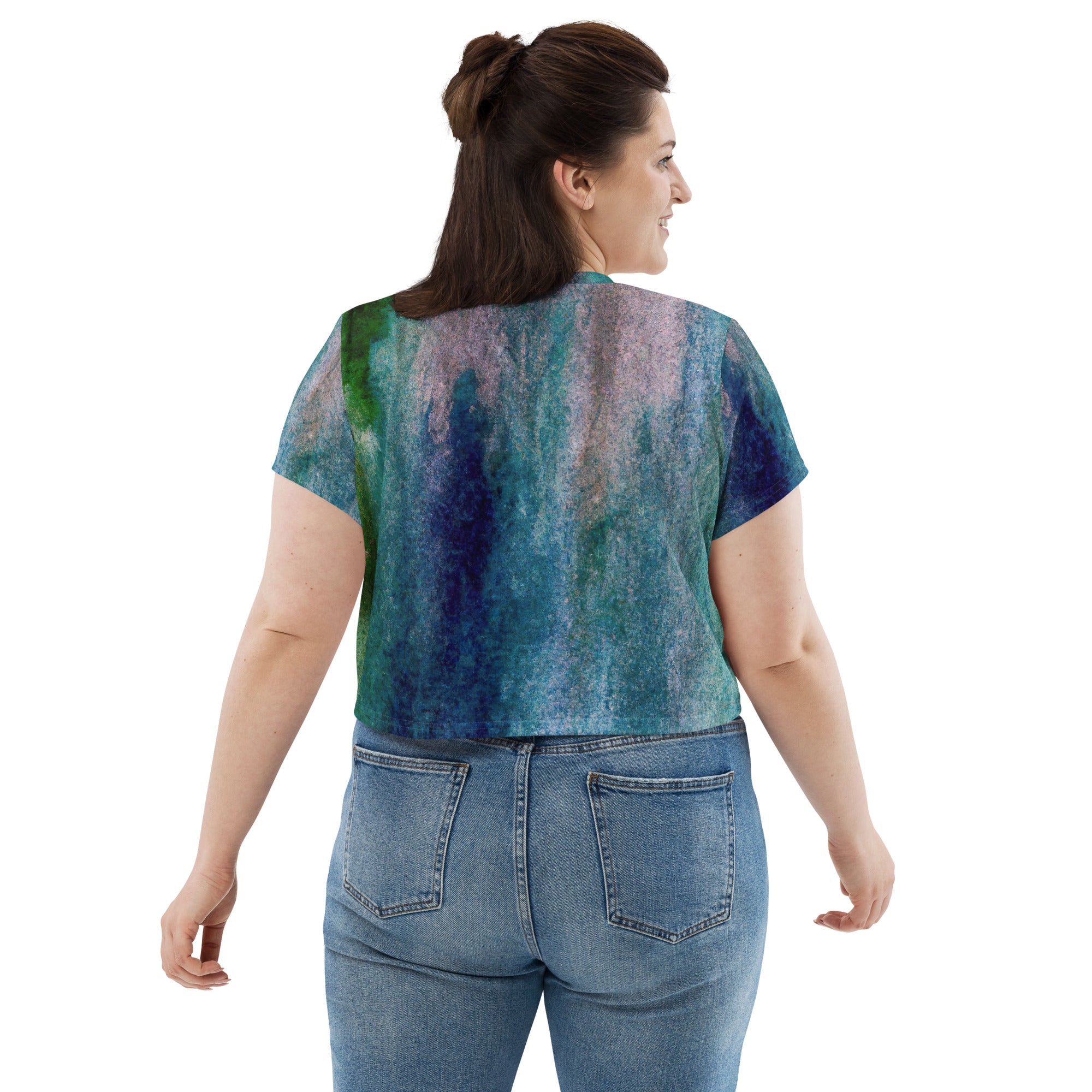 Womens Stretch Fit Crop Tee in Blue Hue Watercolor, showcasing a stylish cropped design with abstract print.