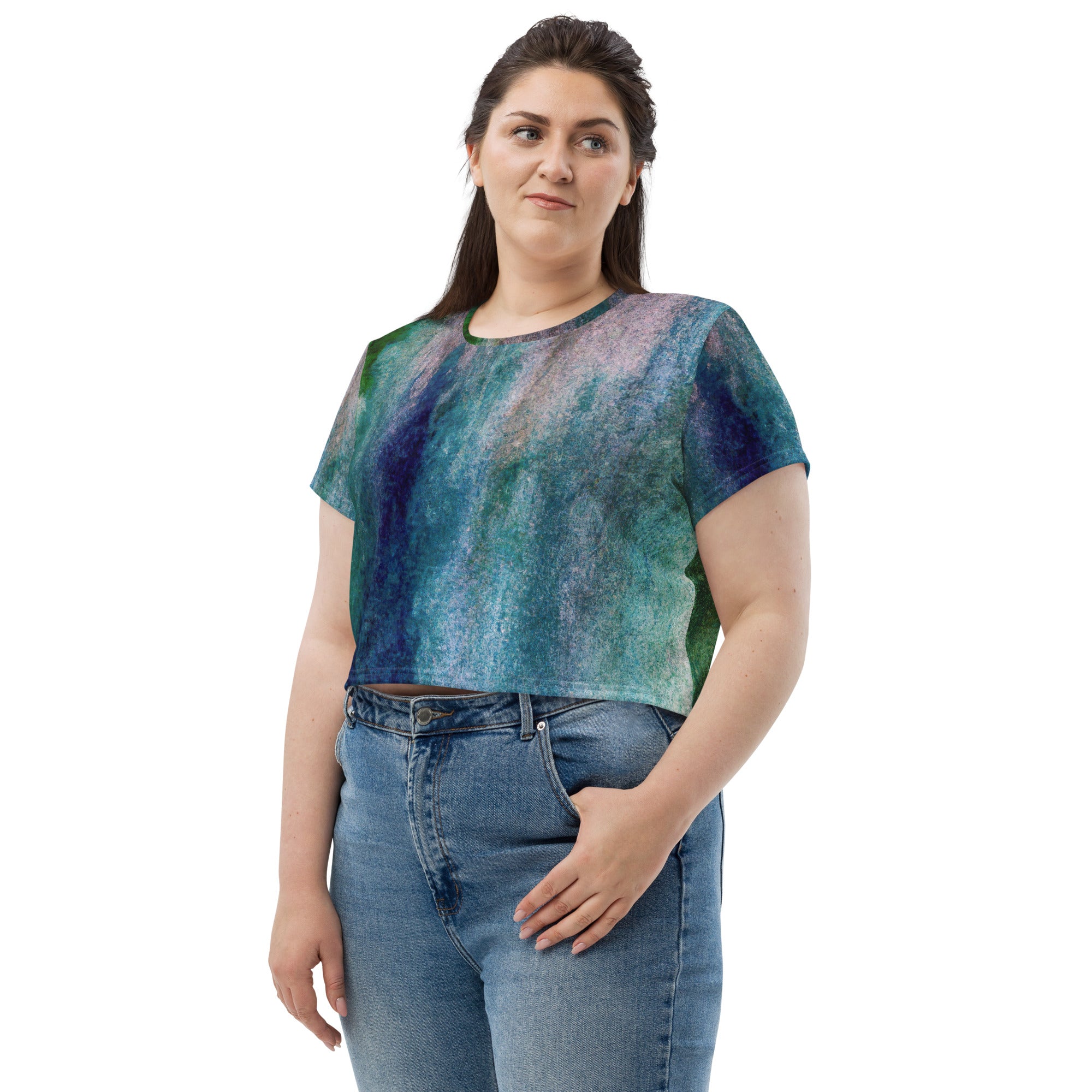 Womens Stretch Fit Crop Tee in Blue Hue Watercolor, showcasing a stylish cropped design with abstract print.