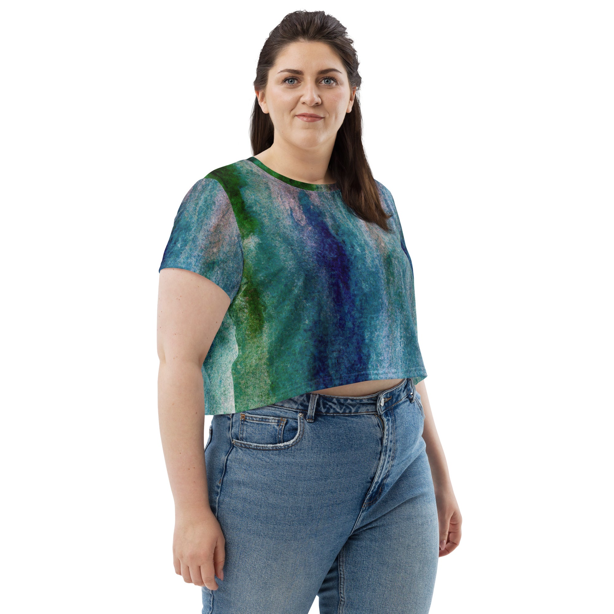 Womens Stretch Fit Crop Tee in Blue Hue Watercolor, showcasing a stylish cropped design with abstract print.