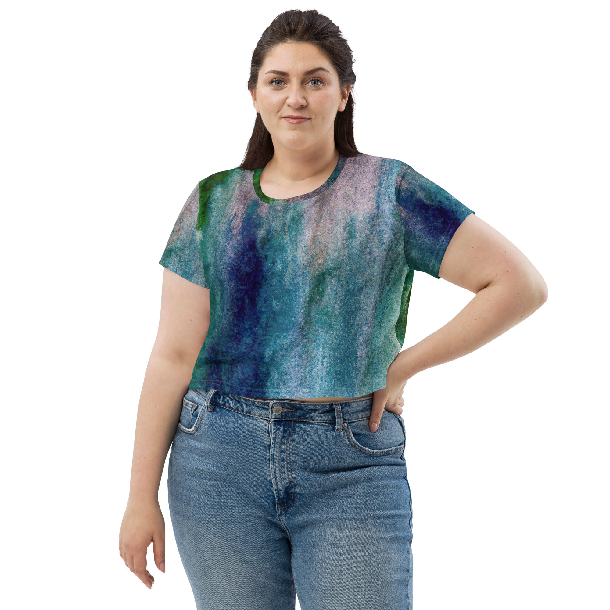 Womens Stretch Fit Crop Tee in Blue Hue Watercolor, showcasing a stylish cropped design with abstract print.