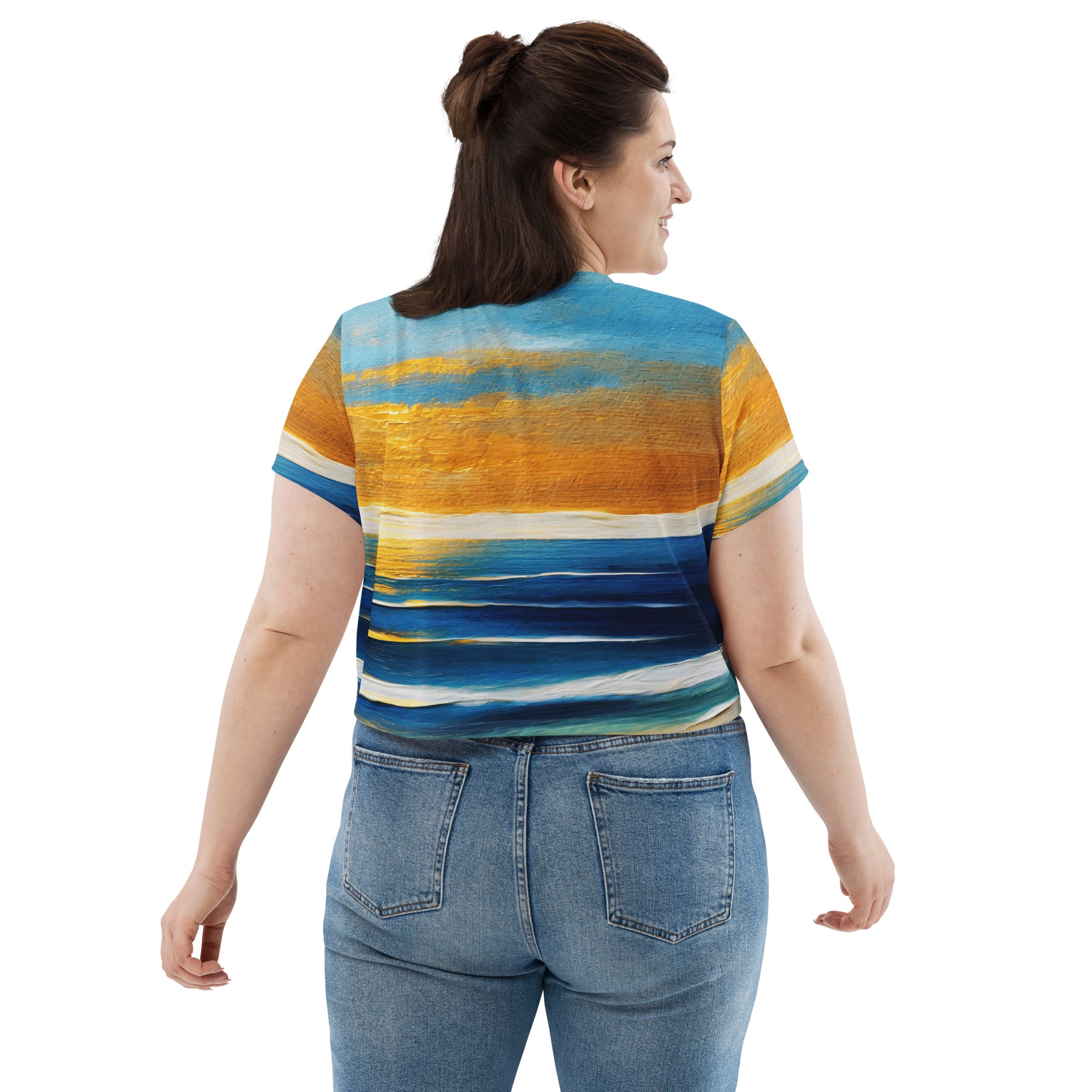 Womens Stretch Fit Crop Tee in Blue Ocean Golden Sunset print, showcasing a stylish cropped design with short sleeves.