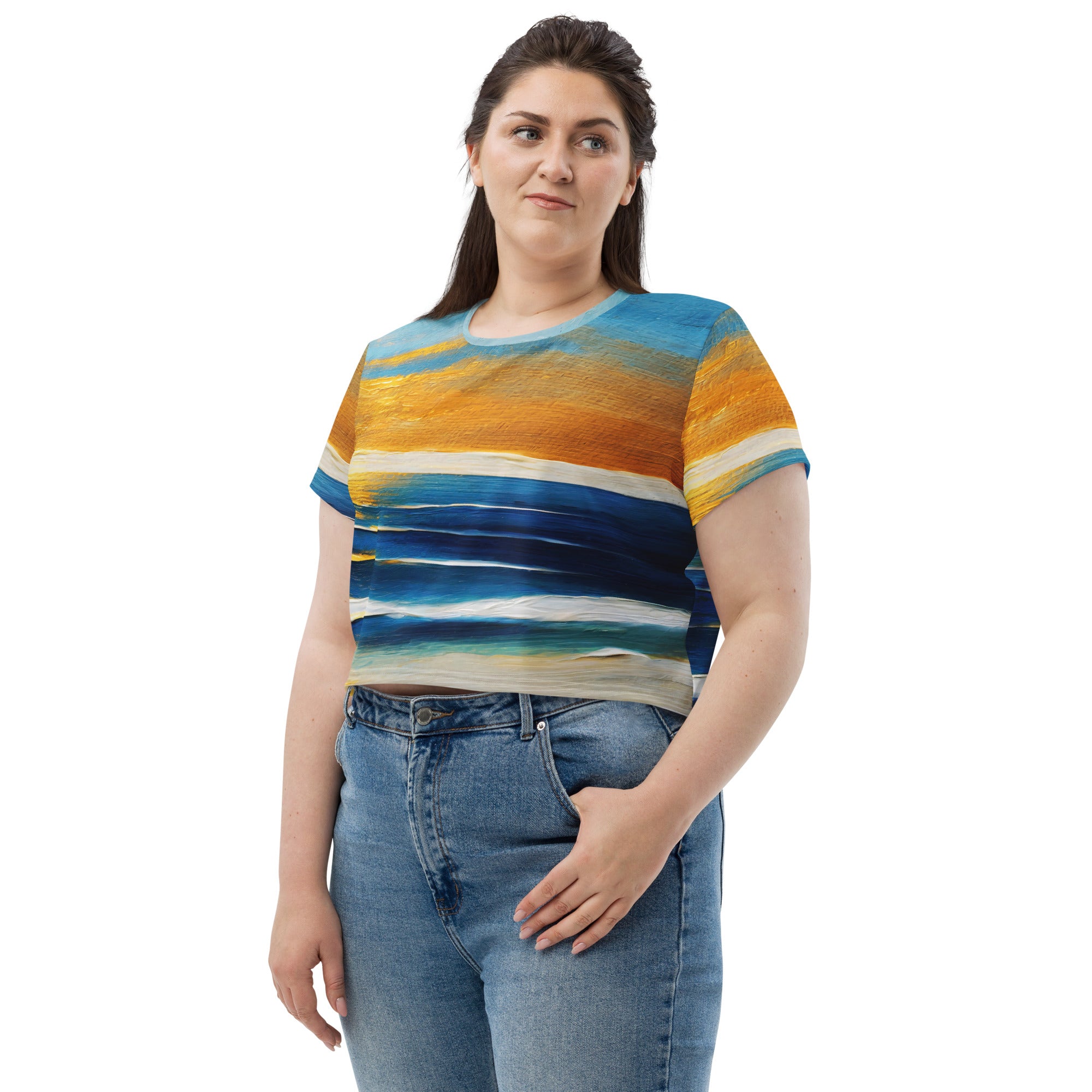 Womens Stretch Fit Crop Tee in Blue Ocean Golden Sunset print, showcasing a stylish cropped design with short sleeves.