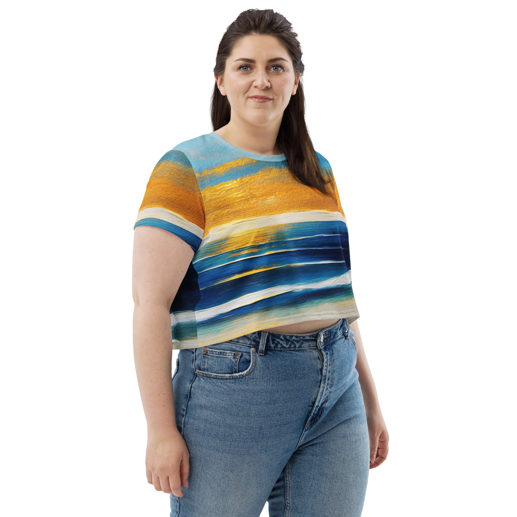 Womens Stretch Fit Crop Tee in Blue Ocean Golden Sunset print, showcasing a stylish cropped design with short sleeves.