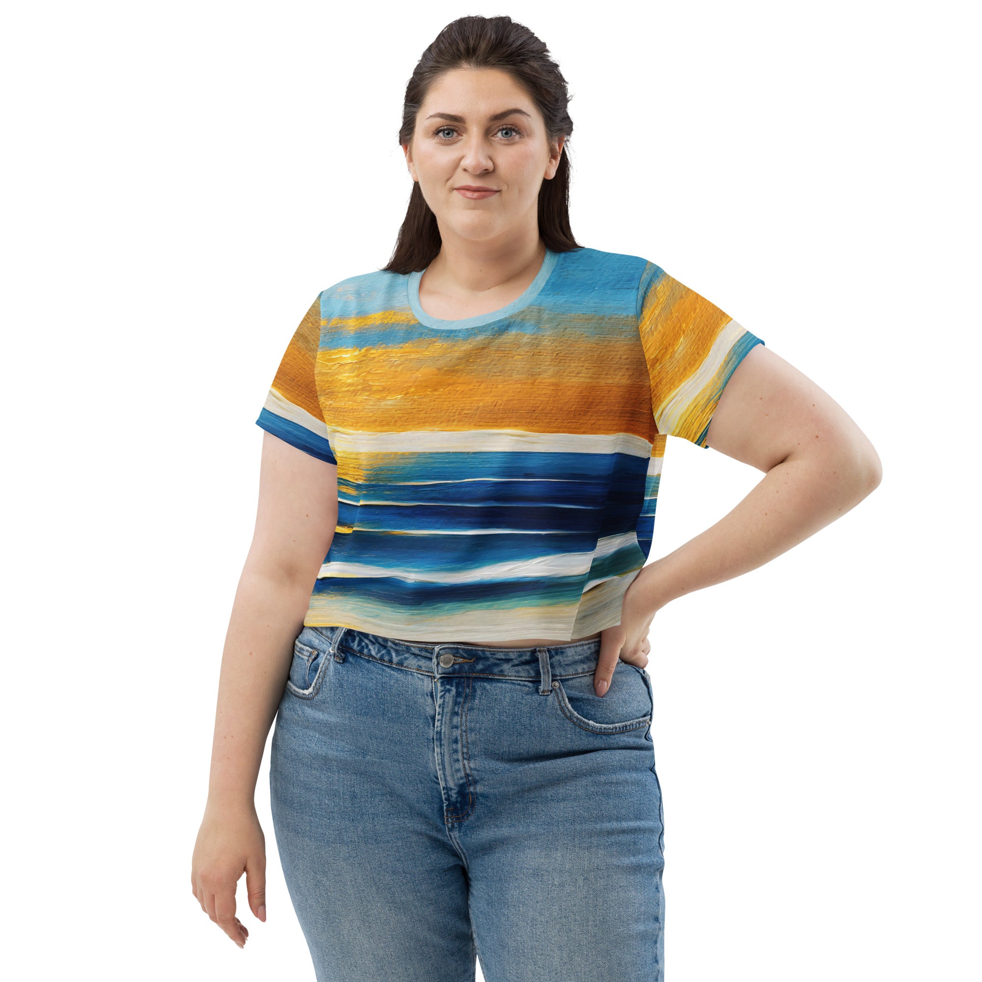 Womens Stretch Fit Crop Tee in Blue Ocean Golden Sunset print, showcasing a stylish cropped design with short sleeves.