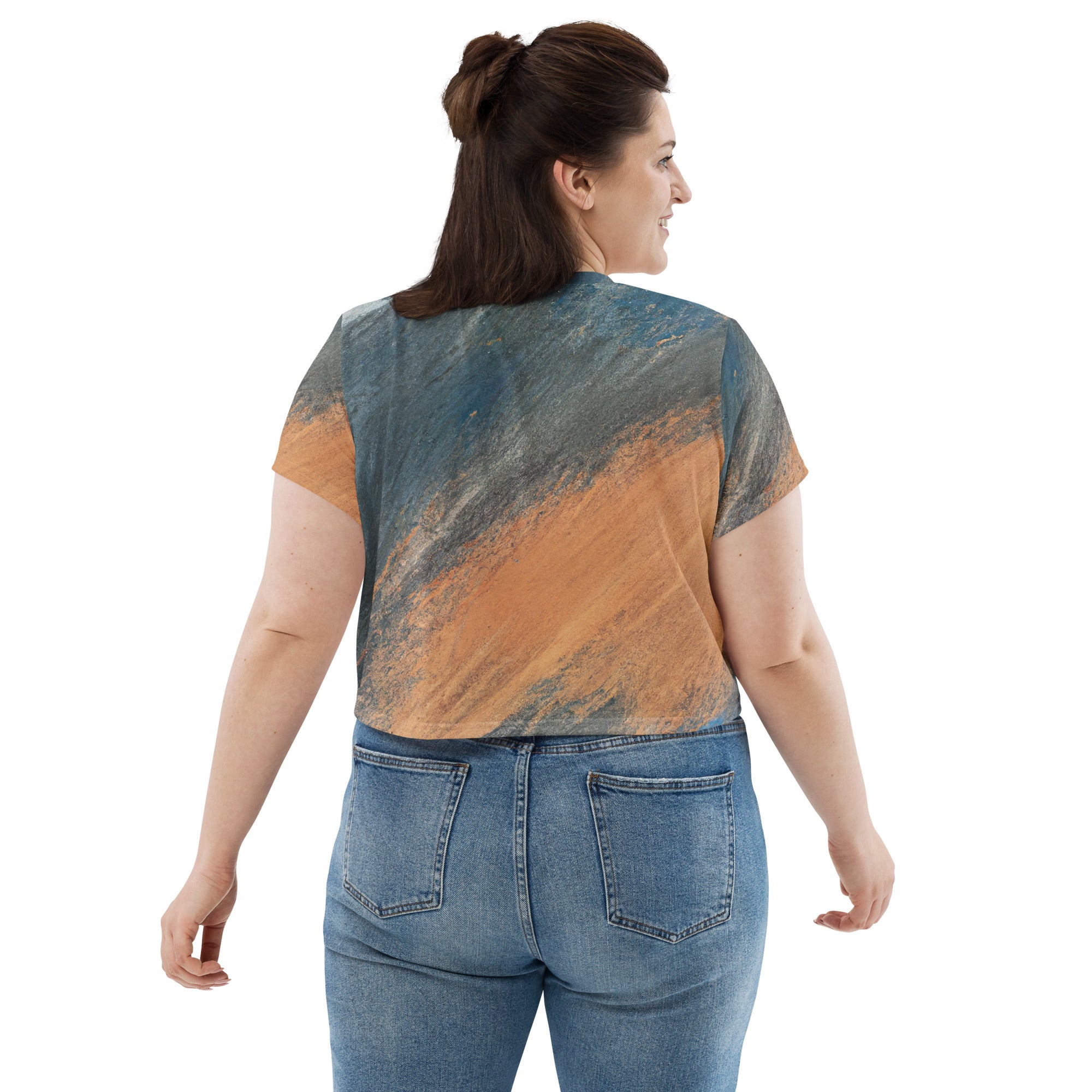 Women's Stretch Fit Crop Tee in Blue Orange Abstract pattern, showcasing a stylish cropped design with short sleeves.