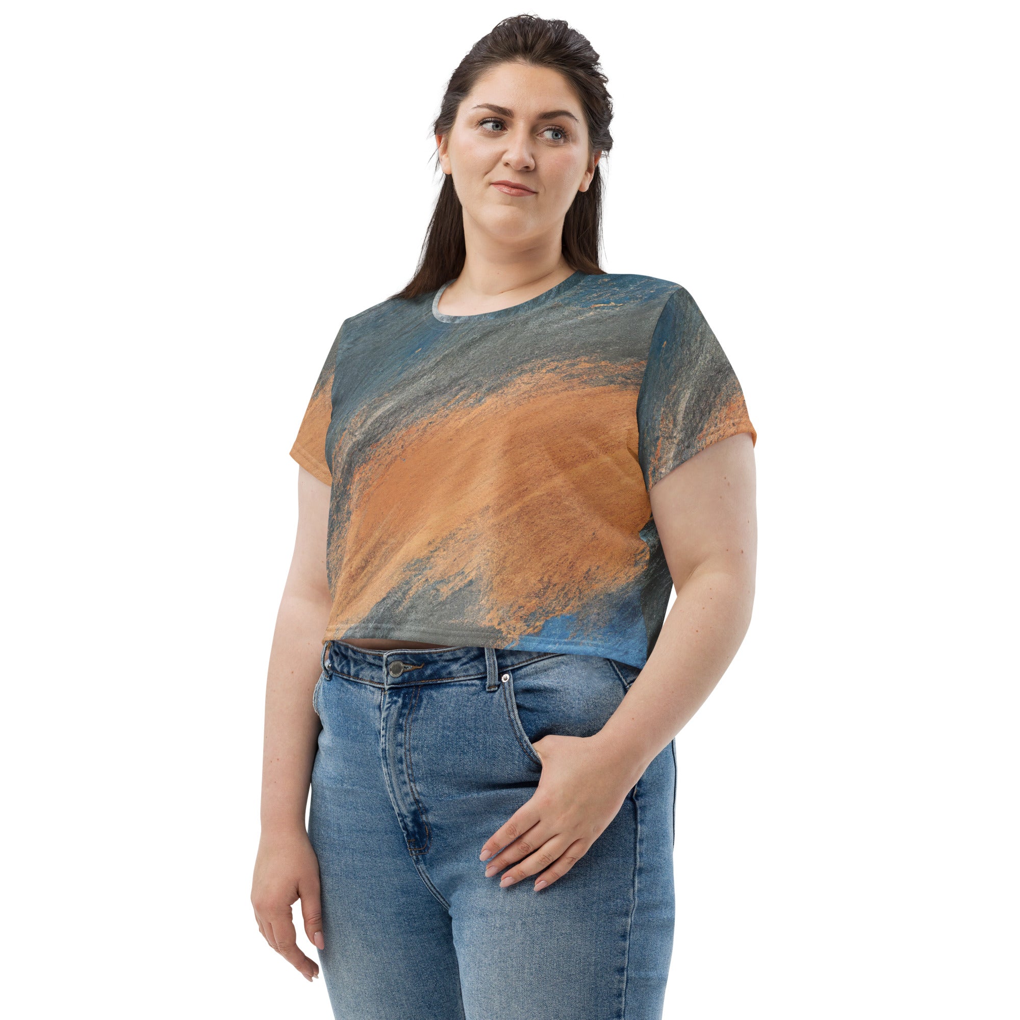 Women's Stretch Fit Crop Tee in Blue Orange Abstract pattern, showcasing a stylish cropped design with short sleeves.