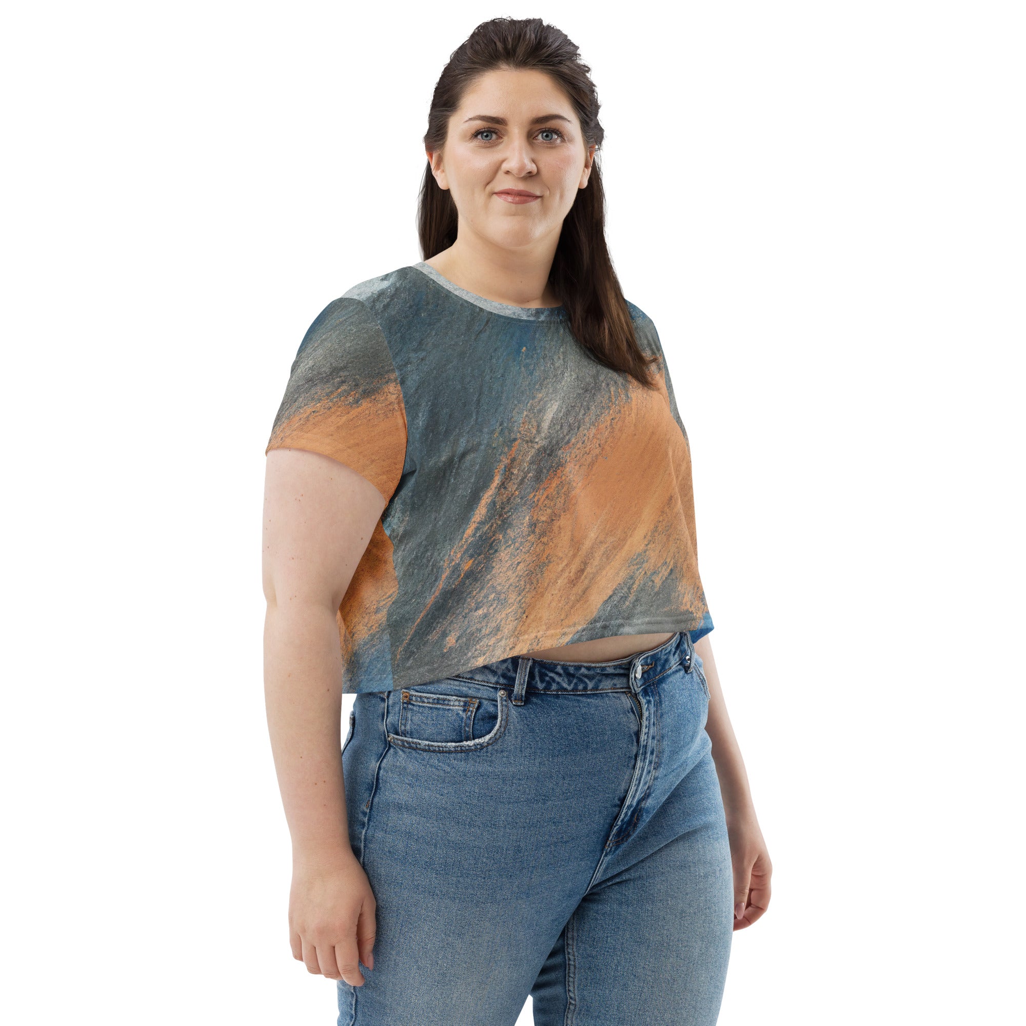 Women's Stretch Fit Crop Tee in Blue Orange Abstract pattern, showcasing a stylish cropped design with short sleeves.