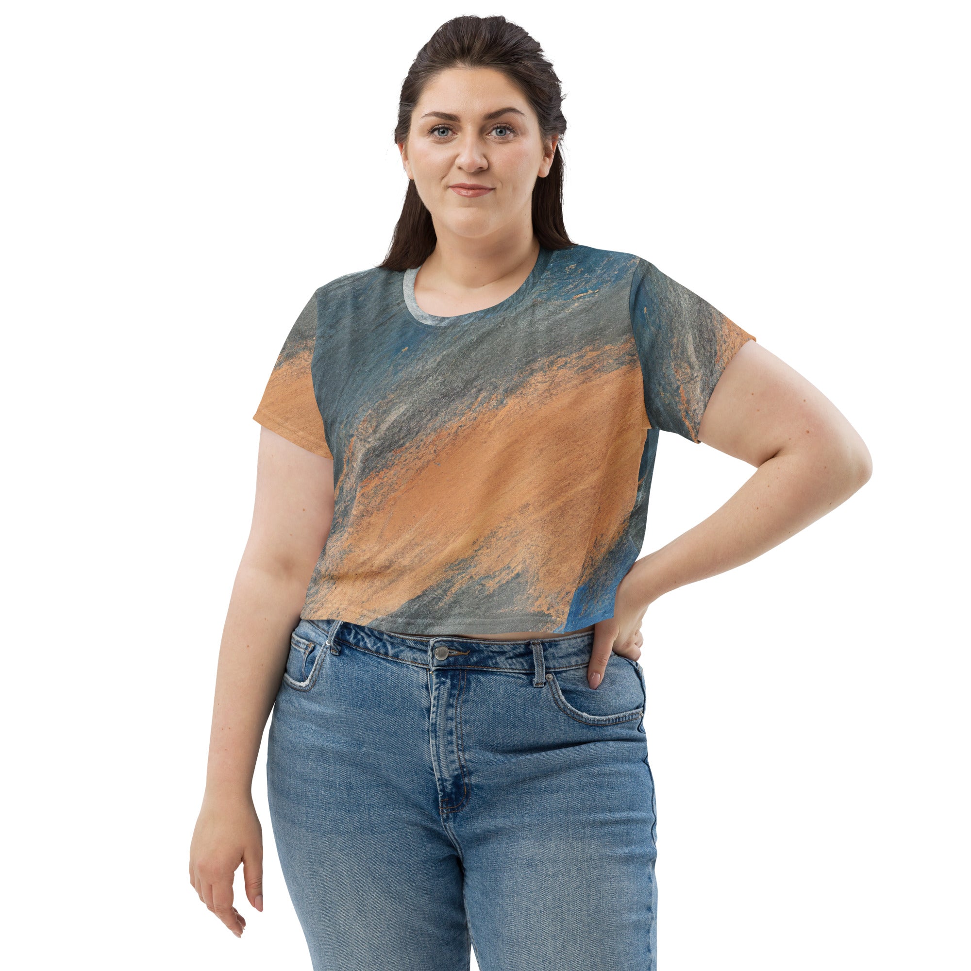 Women's Stretch Fit Crop Tee in Blue Orange Abstract pattern, showcasing a stylish cropped design with short sleeves.