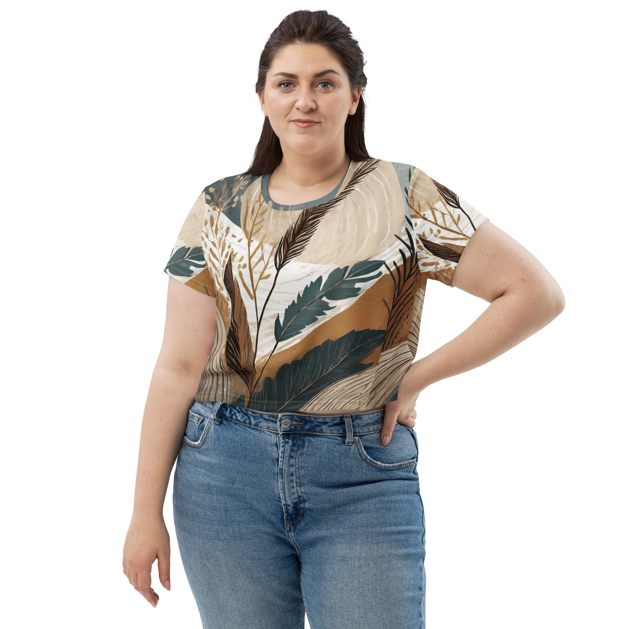 Womens Stretch Fit Crop Tee in Boho Style Print, showcasing a cropped silhouette and soft fabric.