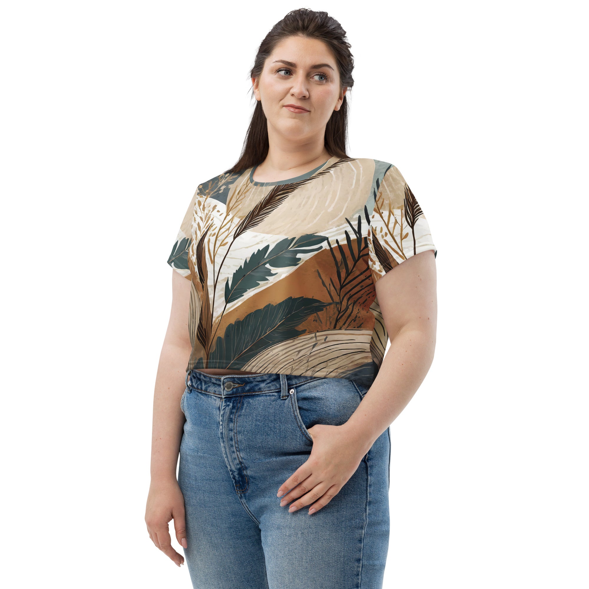 Womens Stretch Fit Crop Tee in Boho Style Print, showcasing a cropped silhouette and soft fabric.