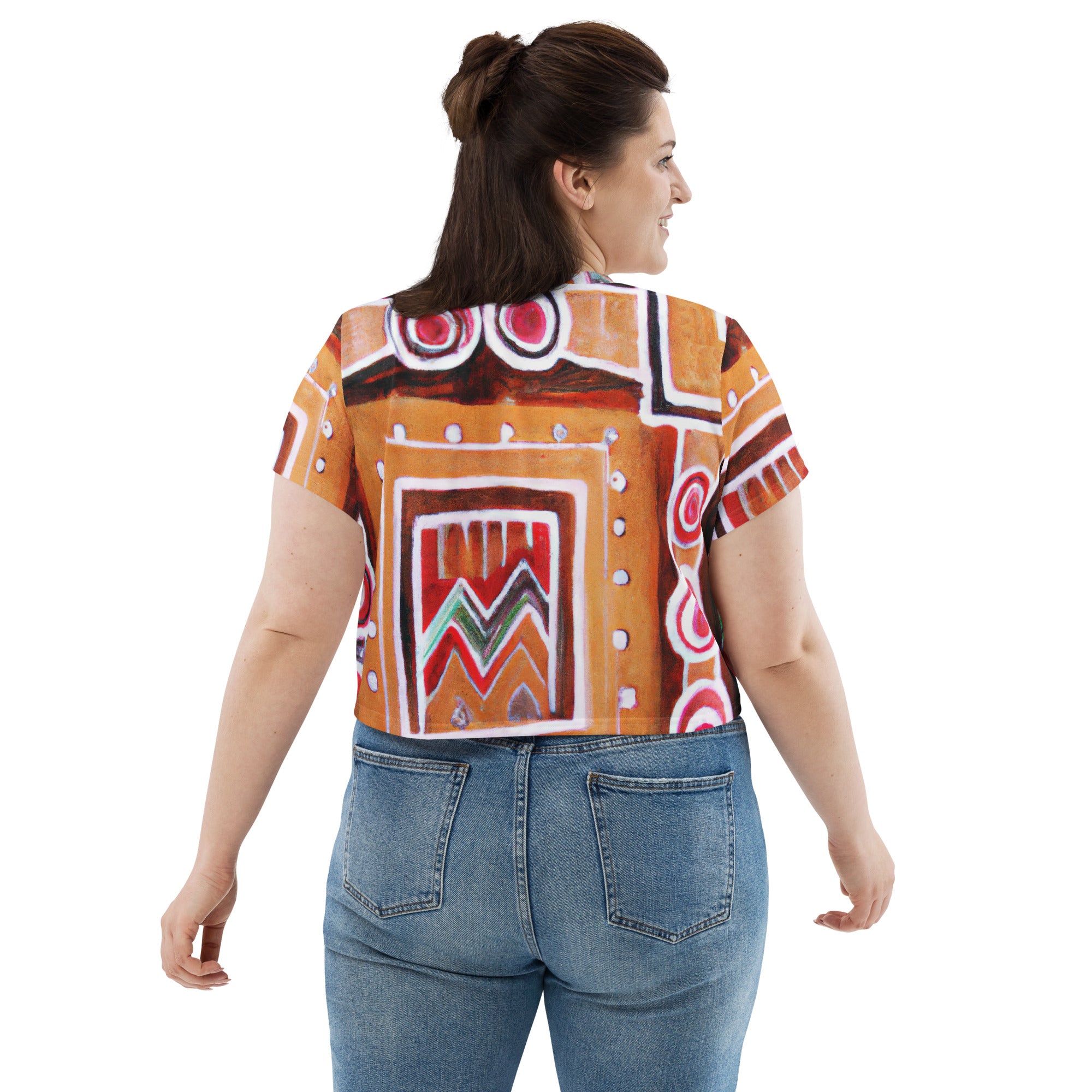 Women's Stretch Fit Crop Tee in Brown, Orange, and Green Aztec pattern, showcasing its stylish design and comfortable fit.
