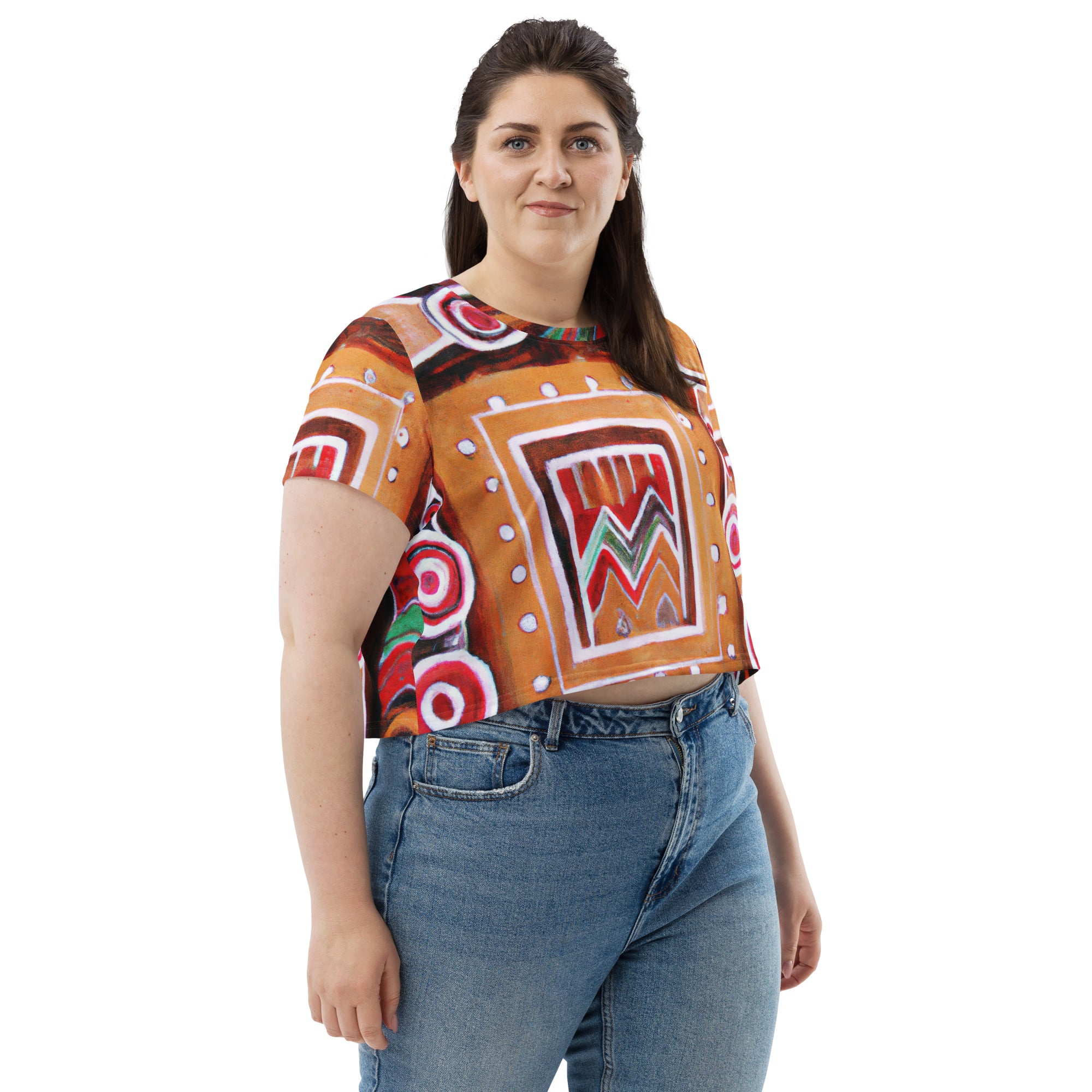 Women's Stretch Fit Crop Tee in Brown, Orange, and Green Aztec pattern, showcasing its stylish design and comfortable fit.