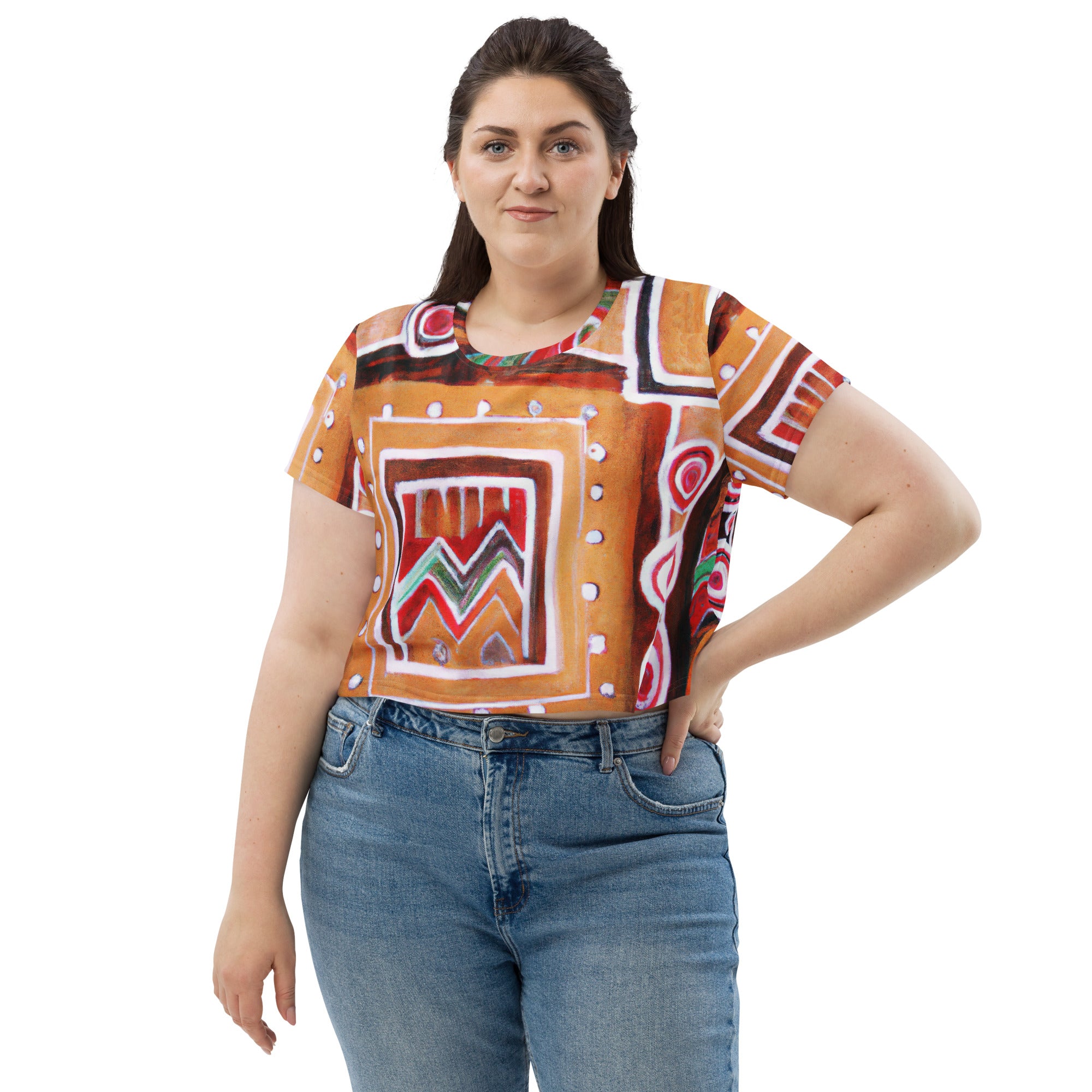 Women's Stretch Fit Crop Tee in Brown, Orange, and Green Aztec pattern, showcasing its stylish design and comfortable fit.