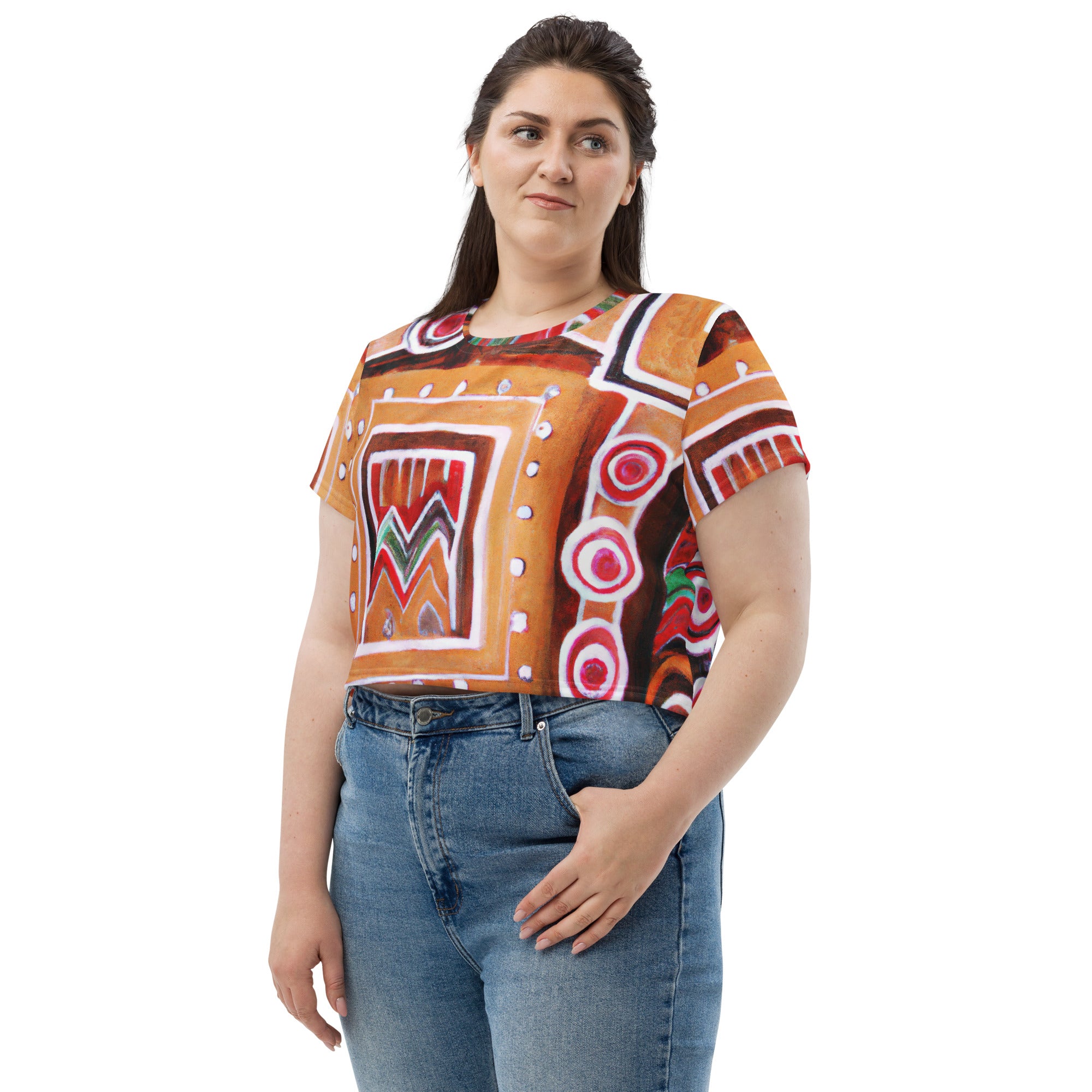 Women's Stretch Fit Crop Tee in Brown, Orange, and Green Aztec pattern, showcasing its stylish design and comfortable fit.