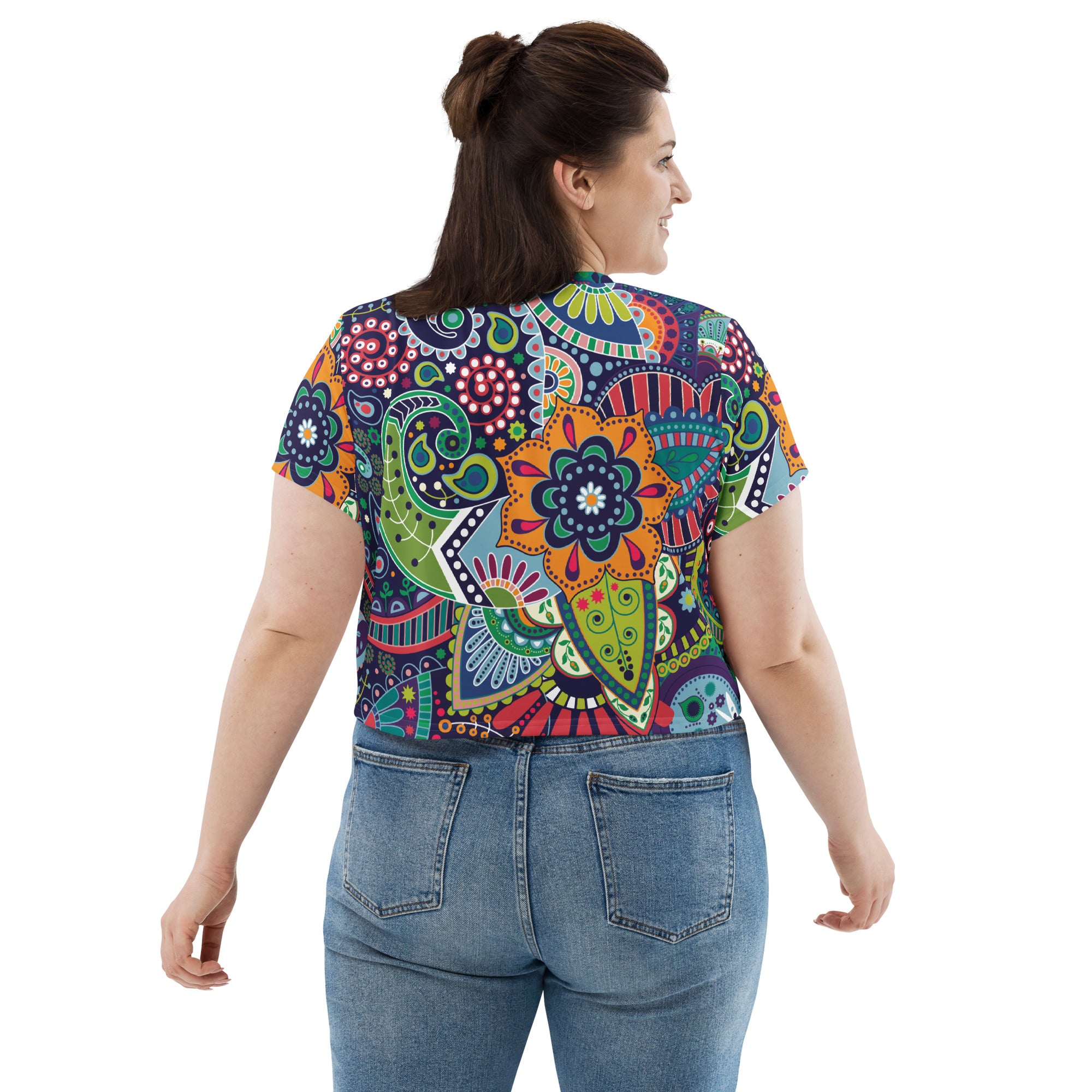 Women's Stretch Fit Crop Tee in Floral Paisley design, showcasing a cropped silhouette and soft fabric.