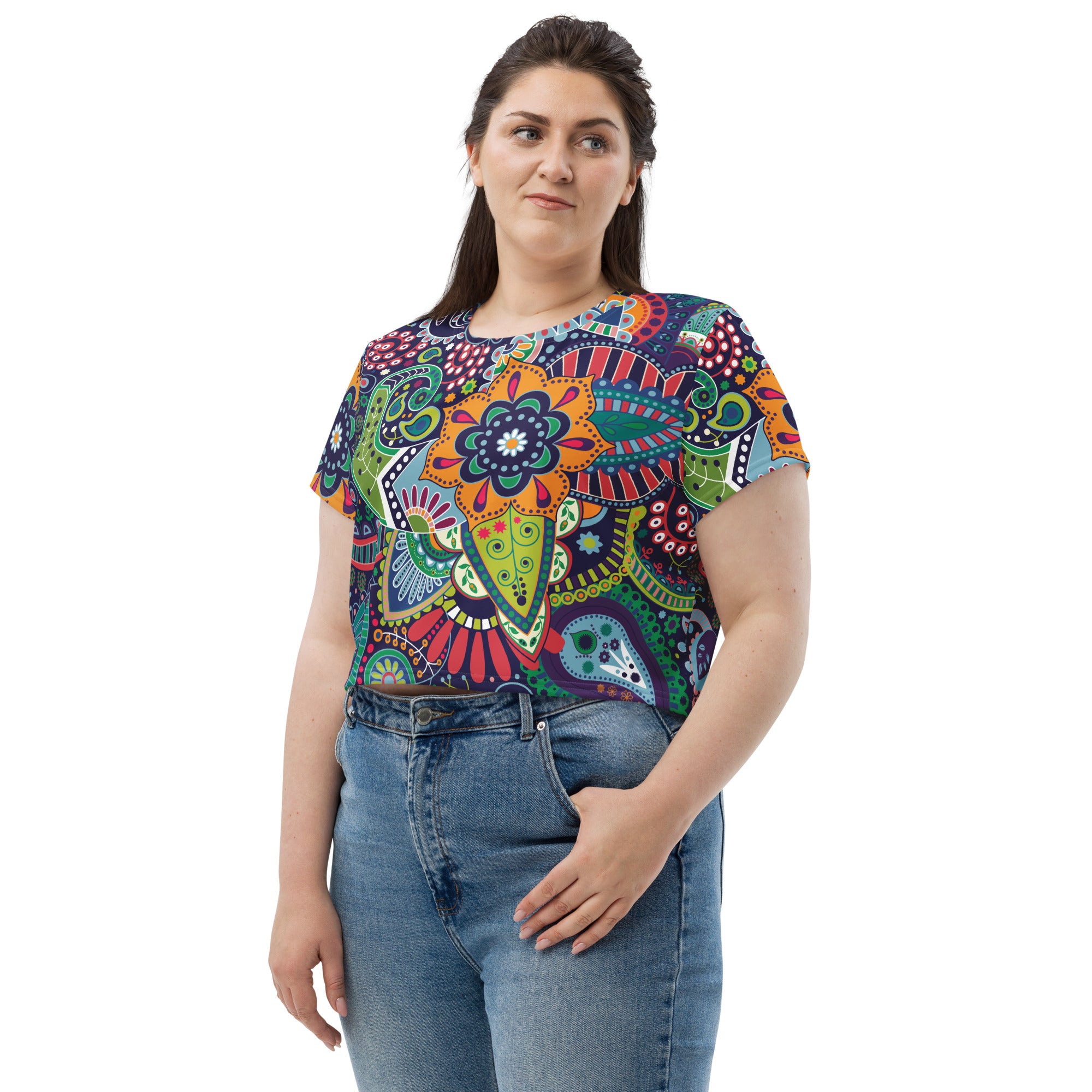 Women's Stretch Fit Crop Tee in Floral Paisley design, showcasing a cropped silhouette and soft fabric.