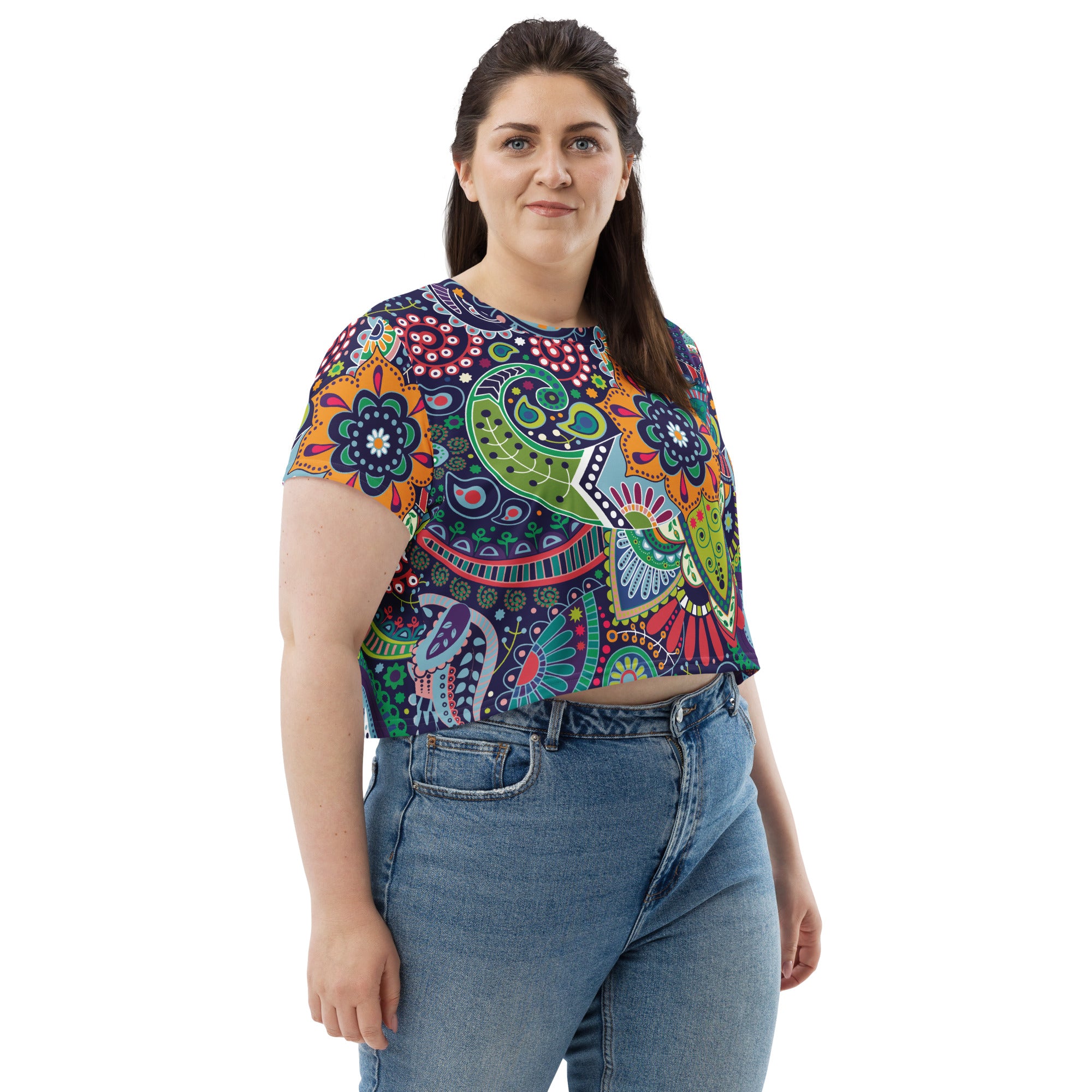 Women's Stretch Fit Crop Tee in Floral Paisley design, showcasing a cropped silhouette and soft fabric.
