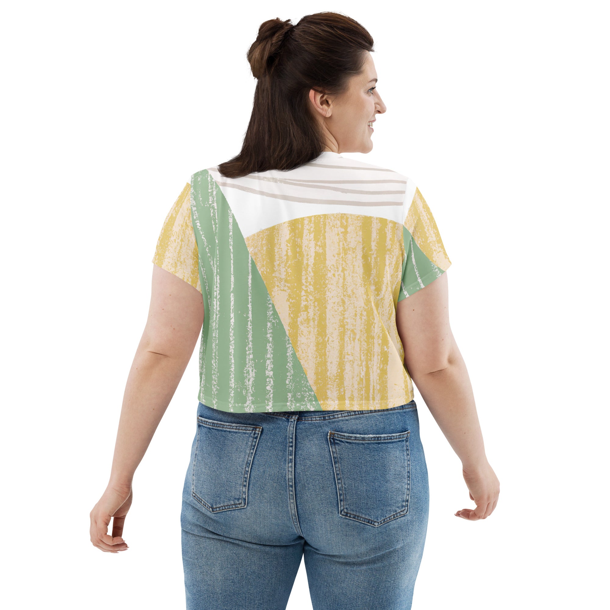 Womens Stretch Fit Crop Tee in green textured boho pattern, showcasing its stylish cropped design and soft fabric.