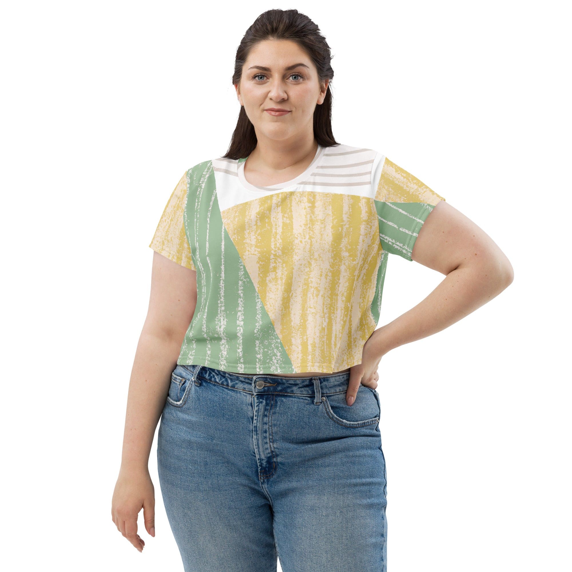 Womens Stretch Fit Crop Tee in green textured boho pattern, showcasing its stylish cropped design and soft fabric.